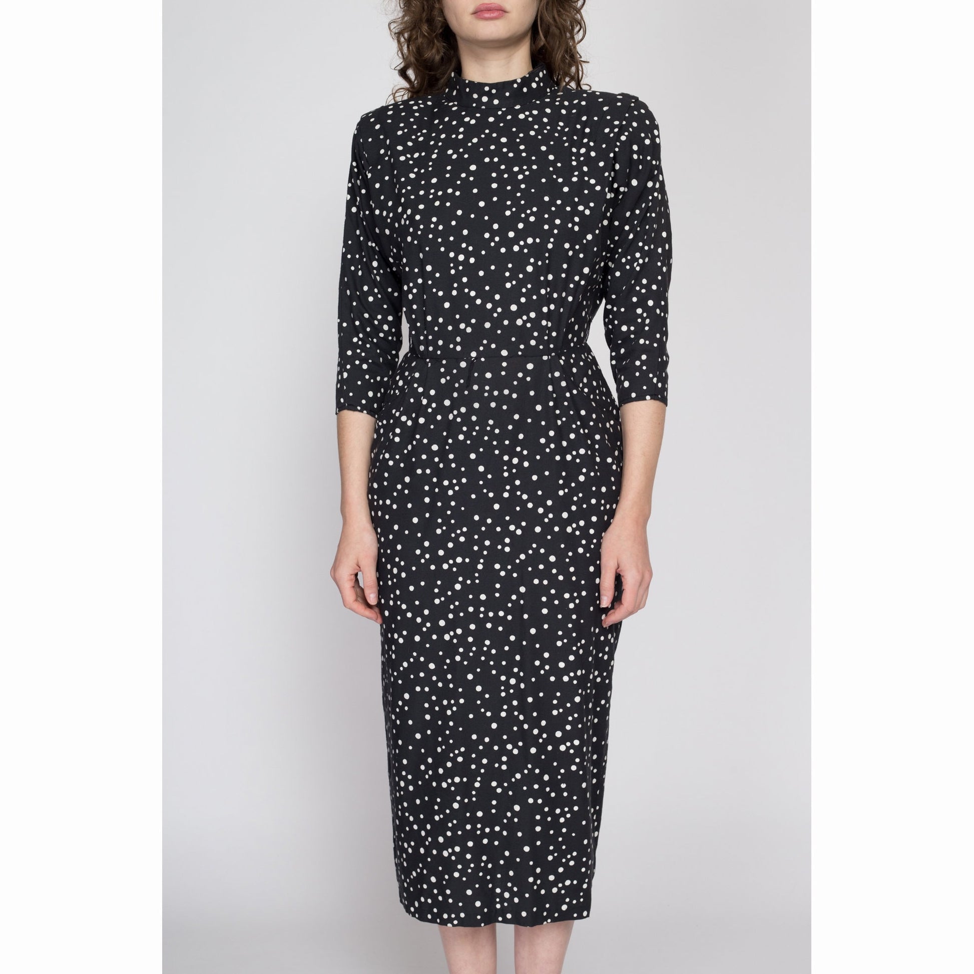 Medium 80s Black & White Polka Dot Midi Dress | Vintage Dolman Sleeve Shoulder Pad Shelf Pocket Dress