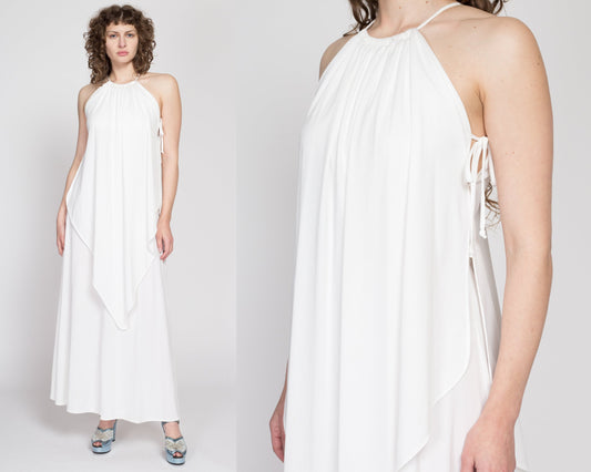 Small 70s White Grecian Gown | Vintage Sleeveless Draped Maxi Tent Dress