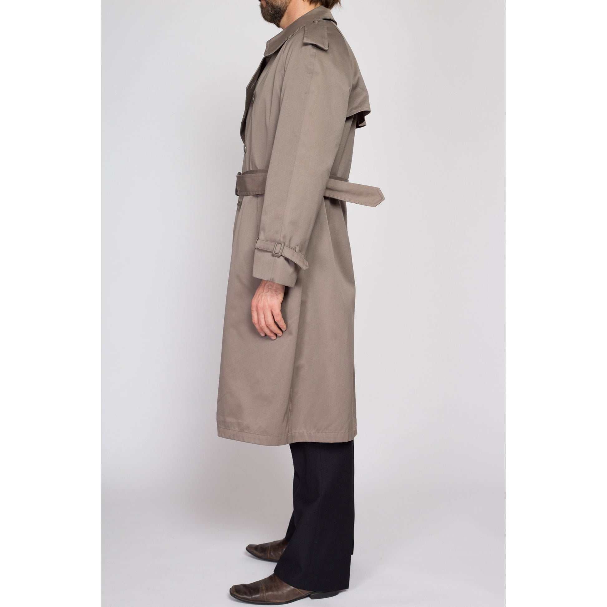 Large Vintage London Towne Taupe Trench Coat 44 Regular | 80s 90s London Fog Long Button Up Belted Duster Jacket