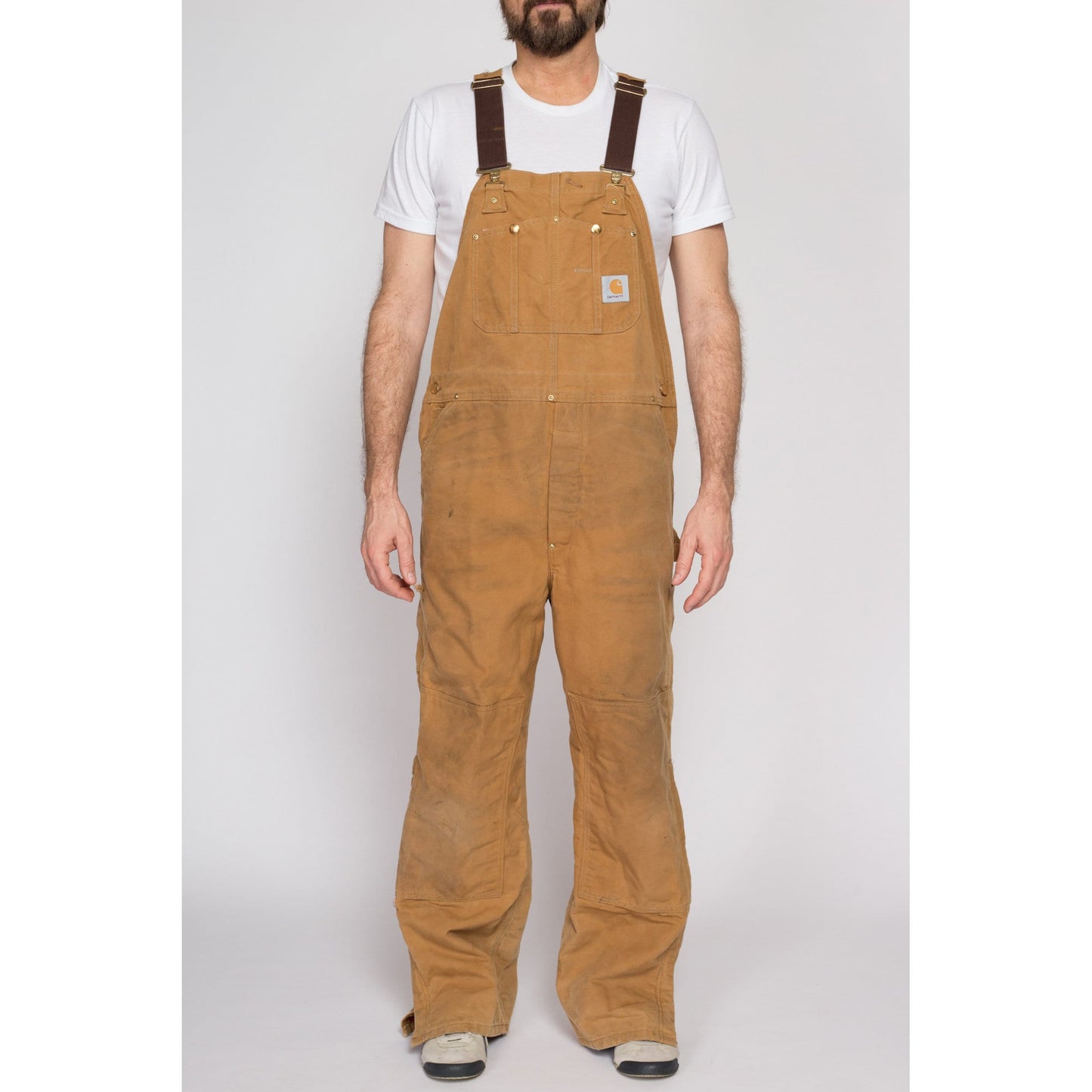 XL Vintage Carhartt Tan Insulated Overalls | 90s Quilt Lined Duck Canvas Workwear Jumpsuit