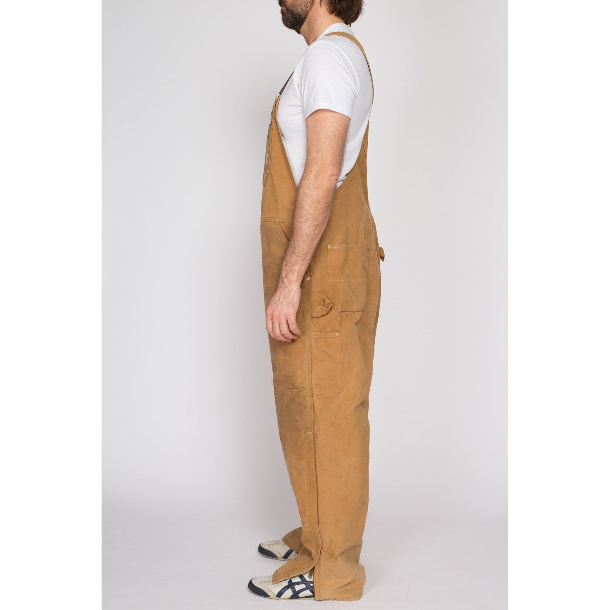 XL Vintage Carhartt Tan Insulated Overalls | 90s Quilt Lined Duck Canvas Workwear Jumpsuit