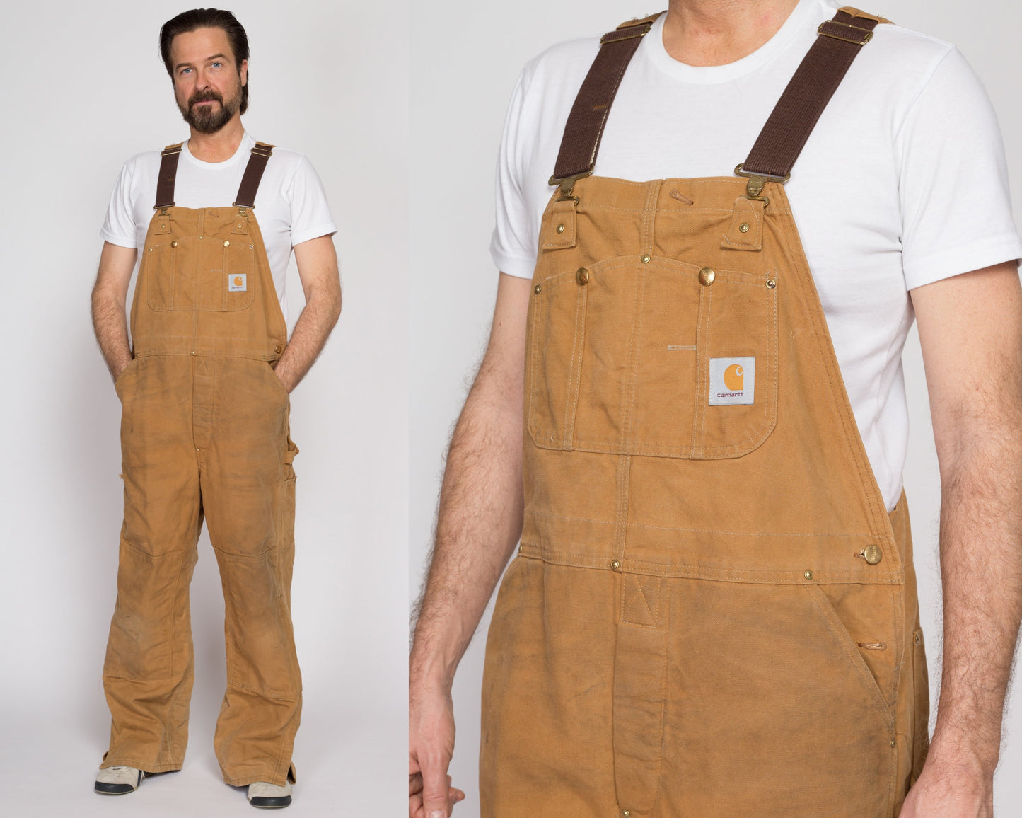 XL Vintage Carhartt Tan Insulated Overalls | 90s Quilt Lined Duck Canvas Workwear Jumpsuit