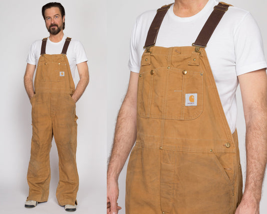 XL Vintage Carhartt Tan Insulated Overalls | 90s Quilt Lined Duck Canvas Workwear Jumpsuit