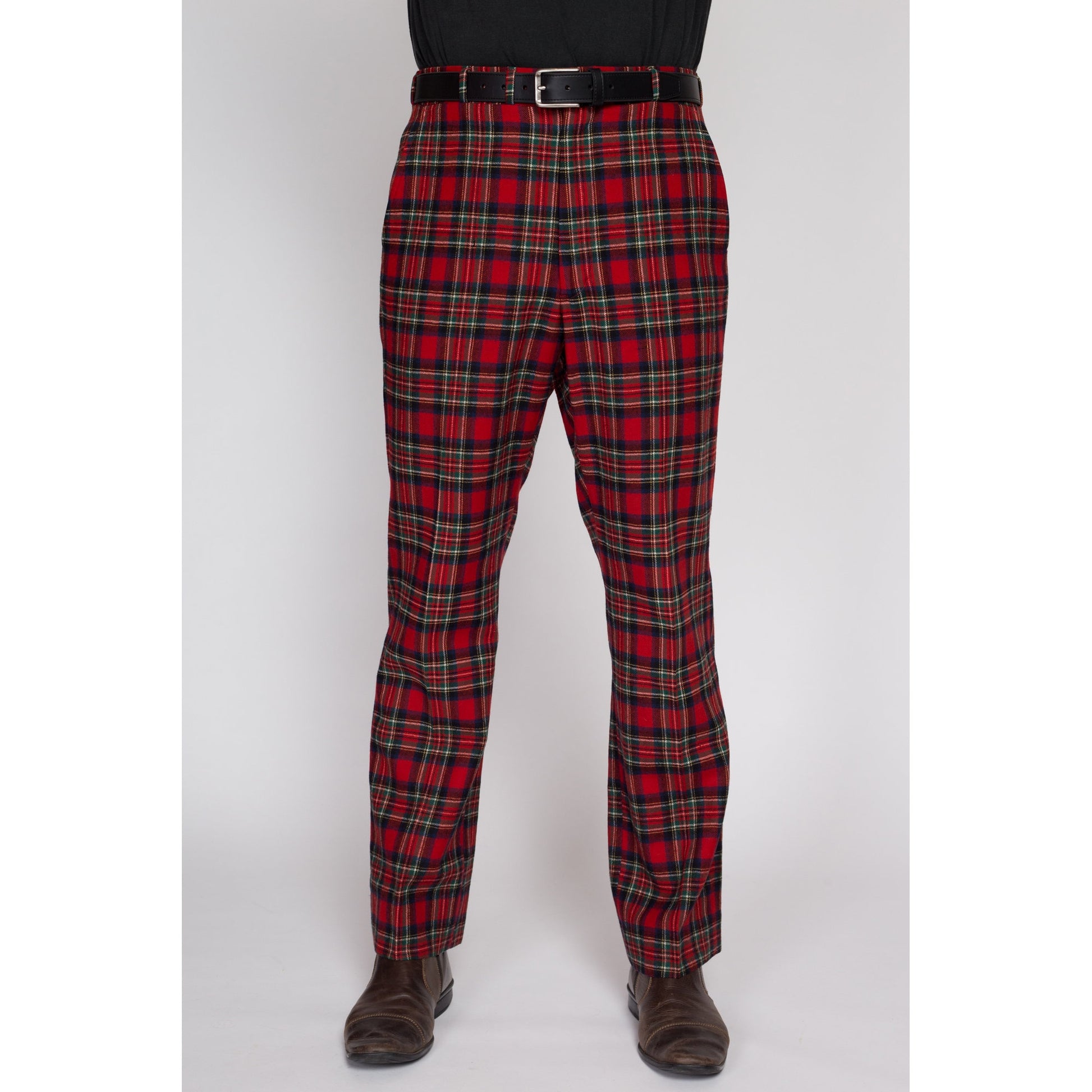 33" Waist 70s Red Plaid Wool Trousers | Retro Vintage Men's High Waisted Bootcut Pants