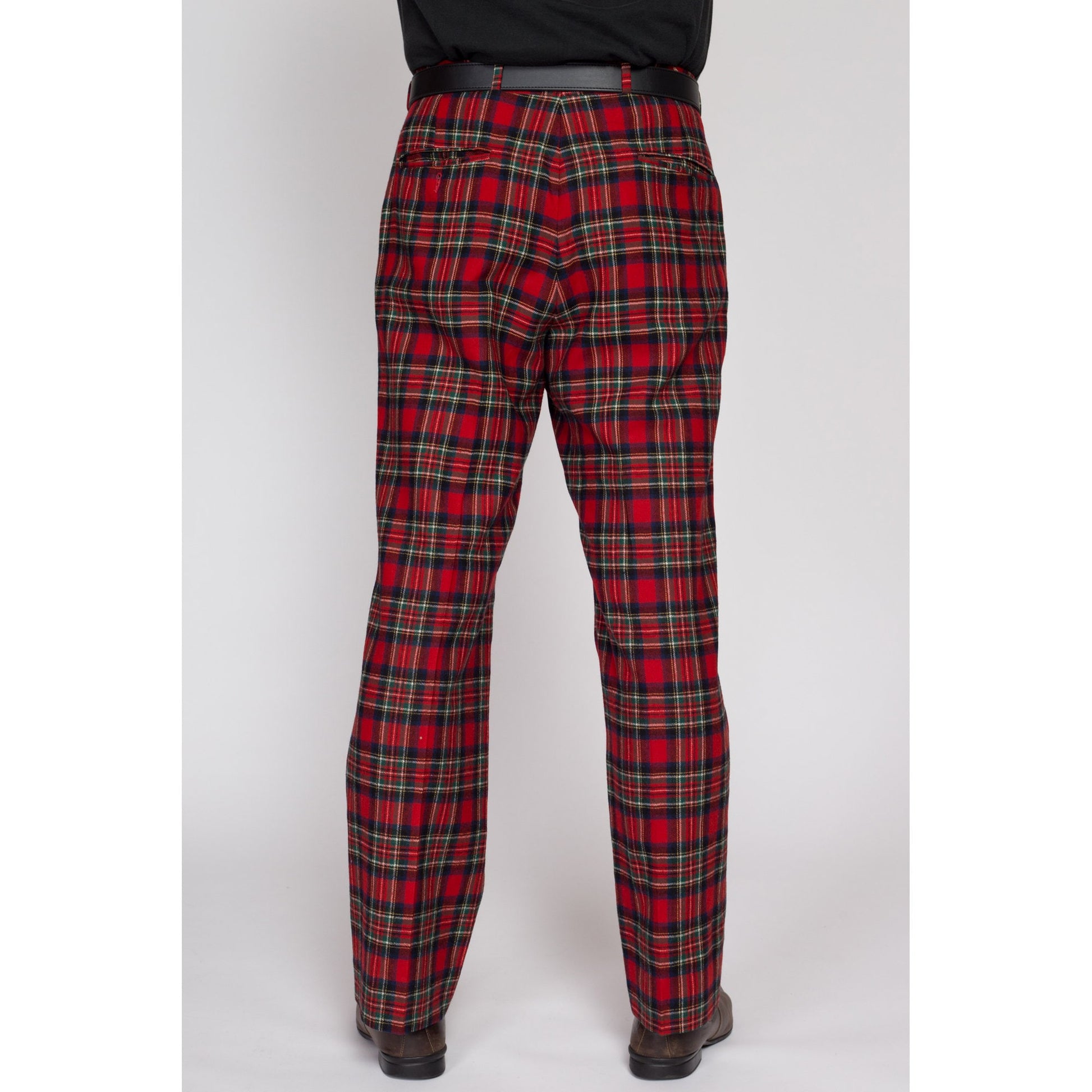 33" Waist 70s Red Plaid Wool Trousers | Retro Vintage Men's High Waisted Bootcut Pants