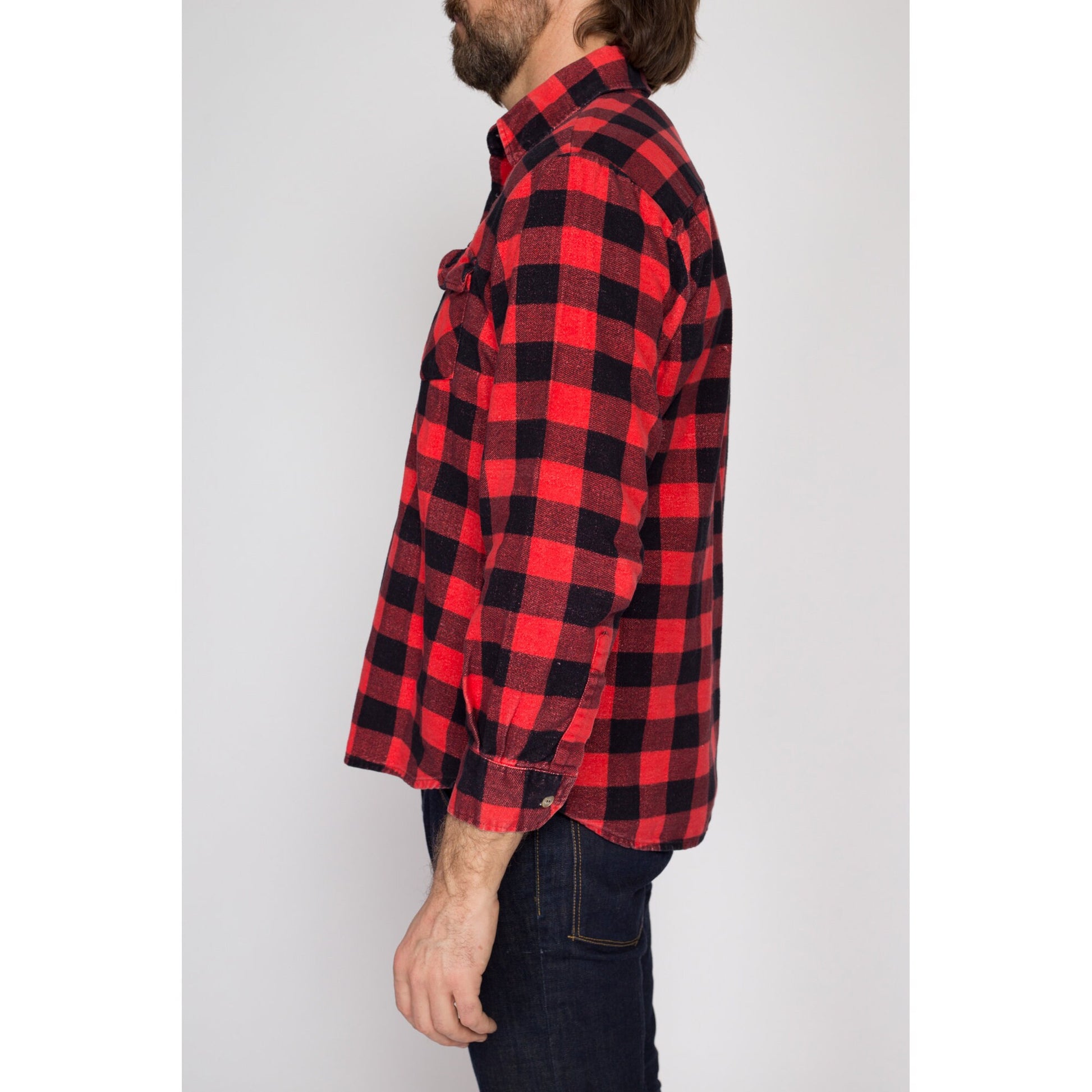 Small 80s Buffalo Plaid Cotton Flannel Shirt | Vintage Grunge Black & Red Button Up Lumberjack Overshirt