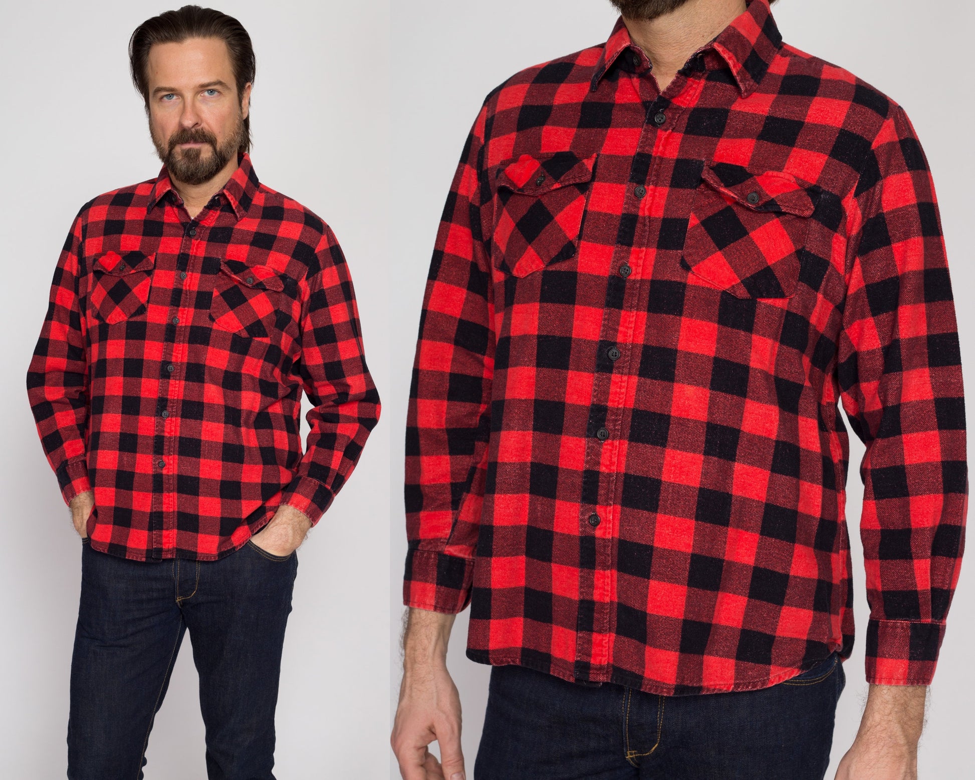 Small 80s Buffalo Plaid Cotton Flannel Shirt | Vintage Grunge Black & Red Button Up Lumberjack Overshirt