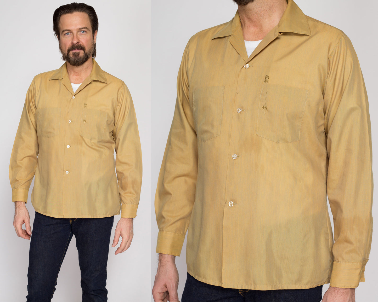 Medium 60s Arrow Mustard Yellow Loop Collar Shirt | Vintage Decton Perma Iron Button Up Long Sleeve Top