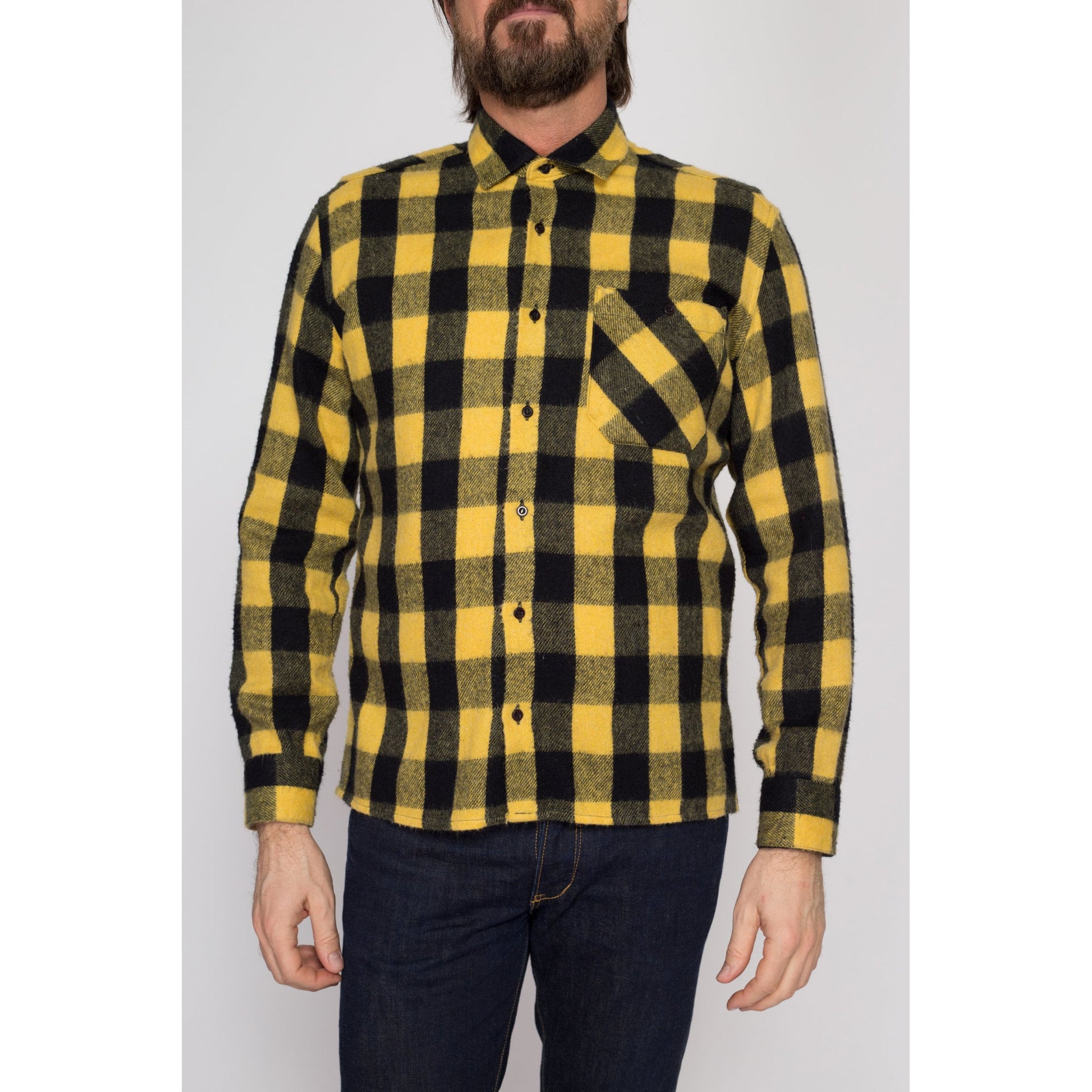 Small 70s Yellow Buffalo Plaid Flannel Shirt | Vintage Button Up Lumberjack Overshirt Shacket
