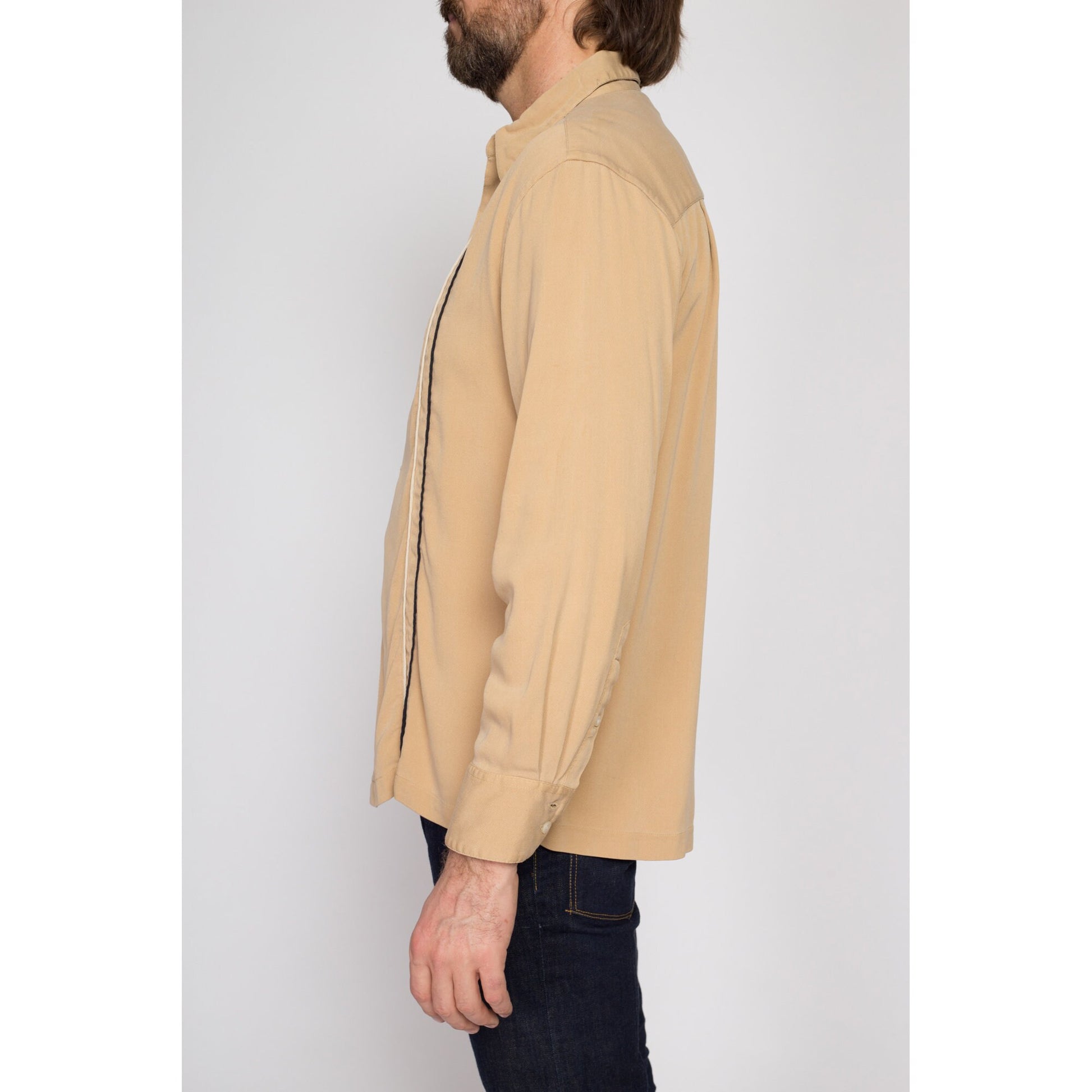 Medium 90s Geoffrey Beene Tan Ribbed Silk Shirt | Vintage Button Up Long Sleeve Collared Top