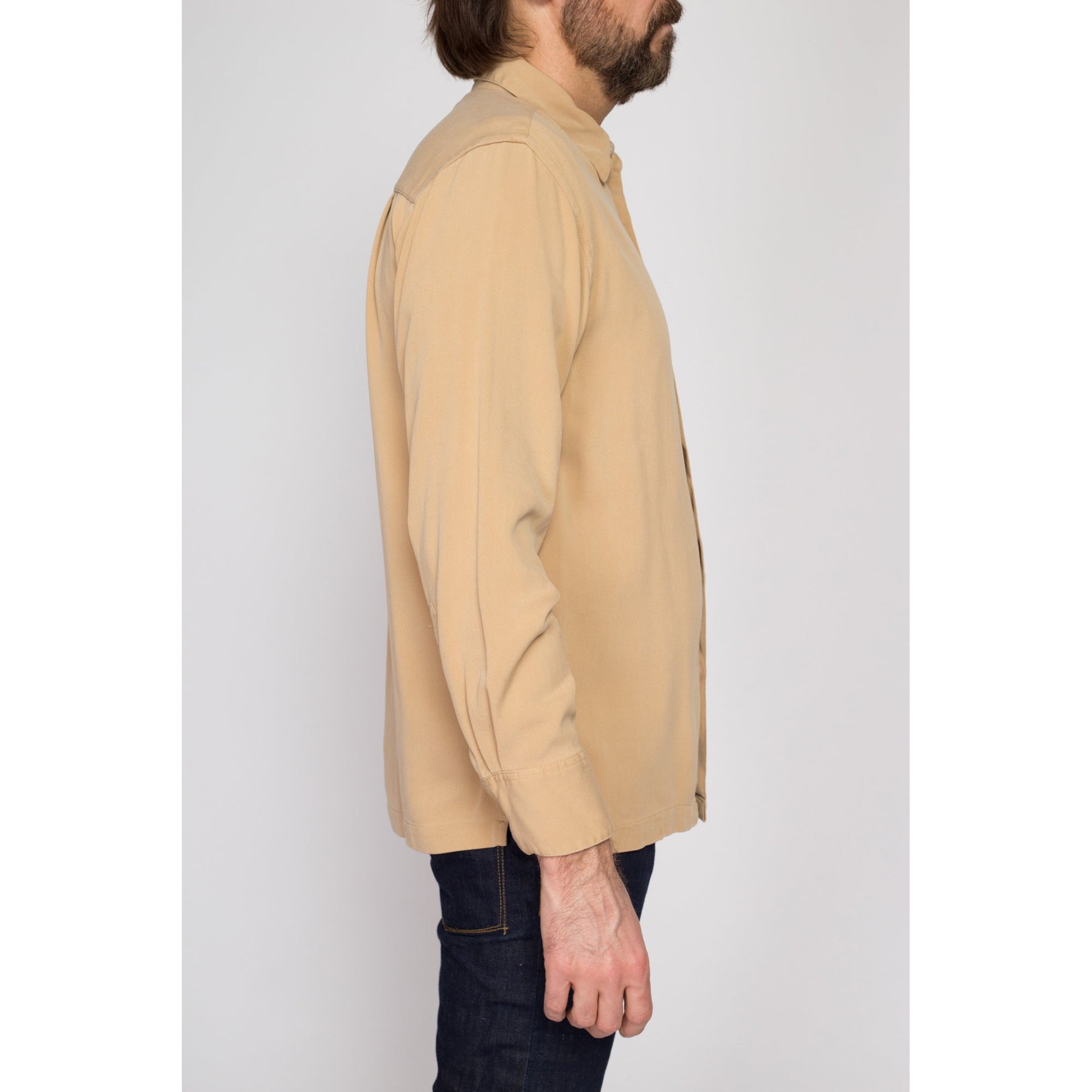 Medium 90s Geoffrey Beene Tan Ribbed Silk Shirt | Vintage Button Up Long Sleeve Collared Top