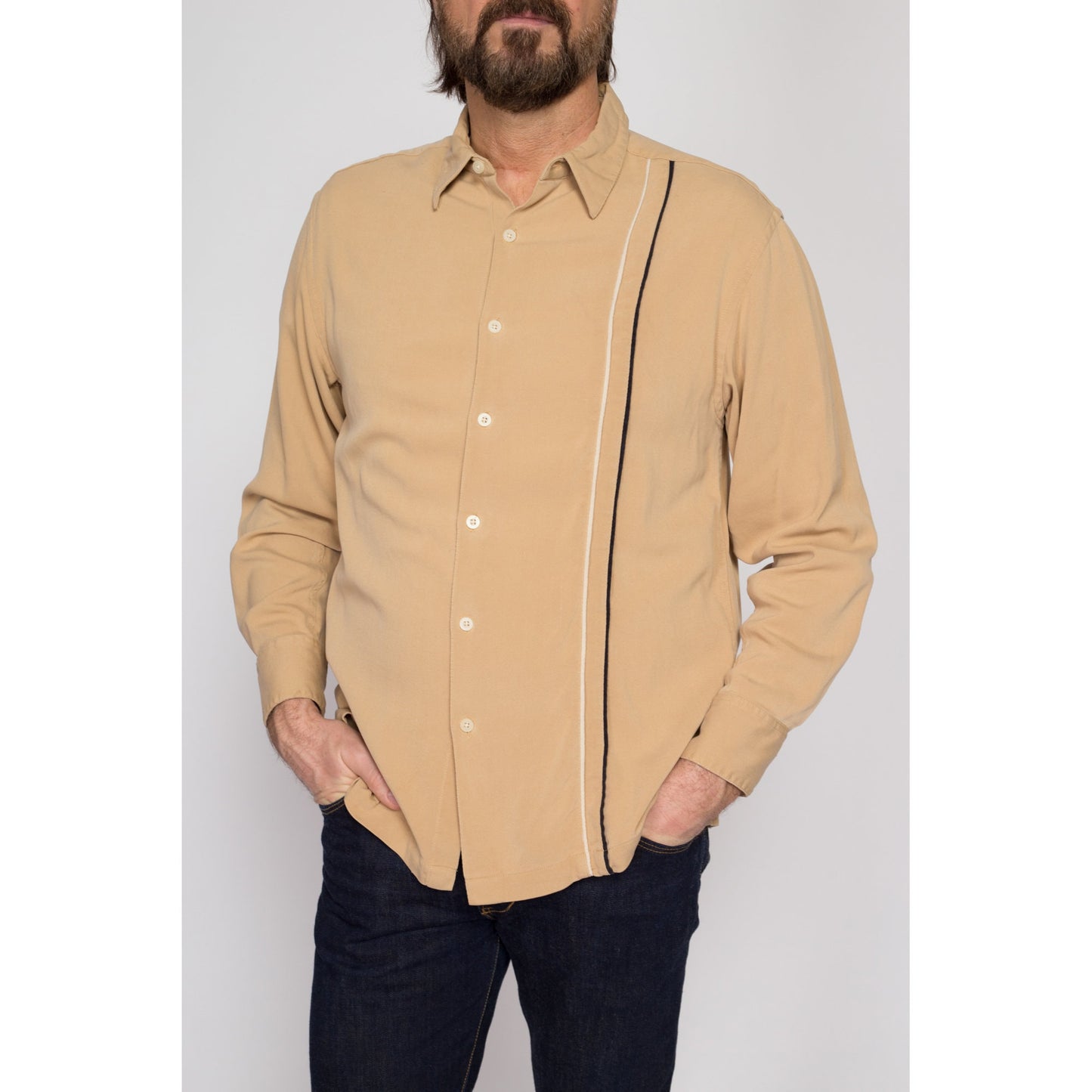 Medium 90s Geoffrey Beene Tan Ribbed Silk Shirt | Vintage Button Up Long Sleeve Collared Top