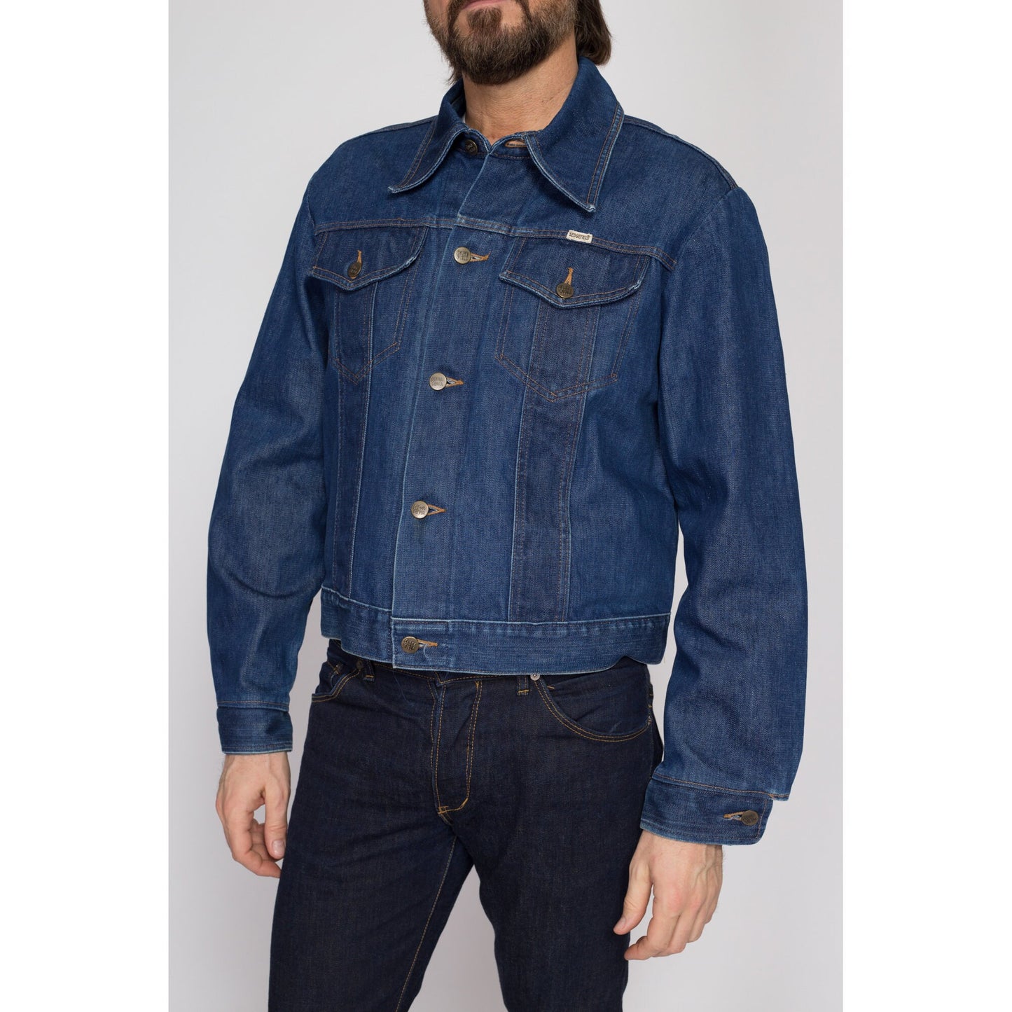 Large 70s Do-Nothing Sedgefield Jean Jacket | Vintage Dark Wash Denim Cropped Trucker Jacket