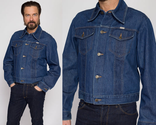 Large 70s Do-Nothing Sedgefield Jean Jacket | Vintage Dark Wash Denim Cropped Trucker Jacket