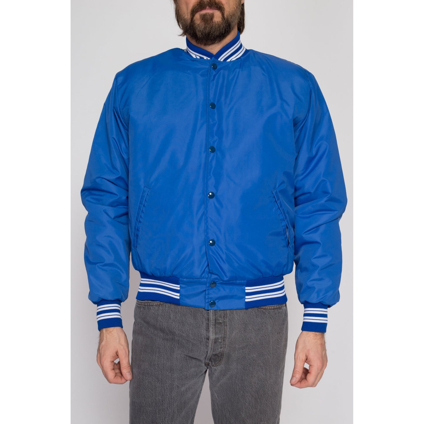 Medium 80s Blue Shearling Lined Varsity Jacket | Vintage Striped Snap Button Windbreaker Bomber