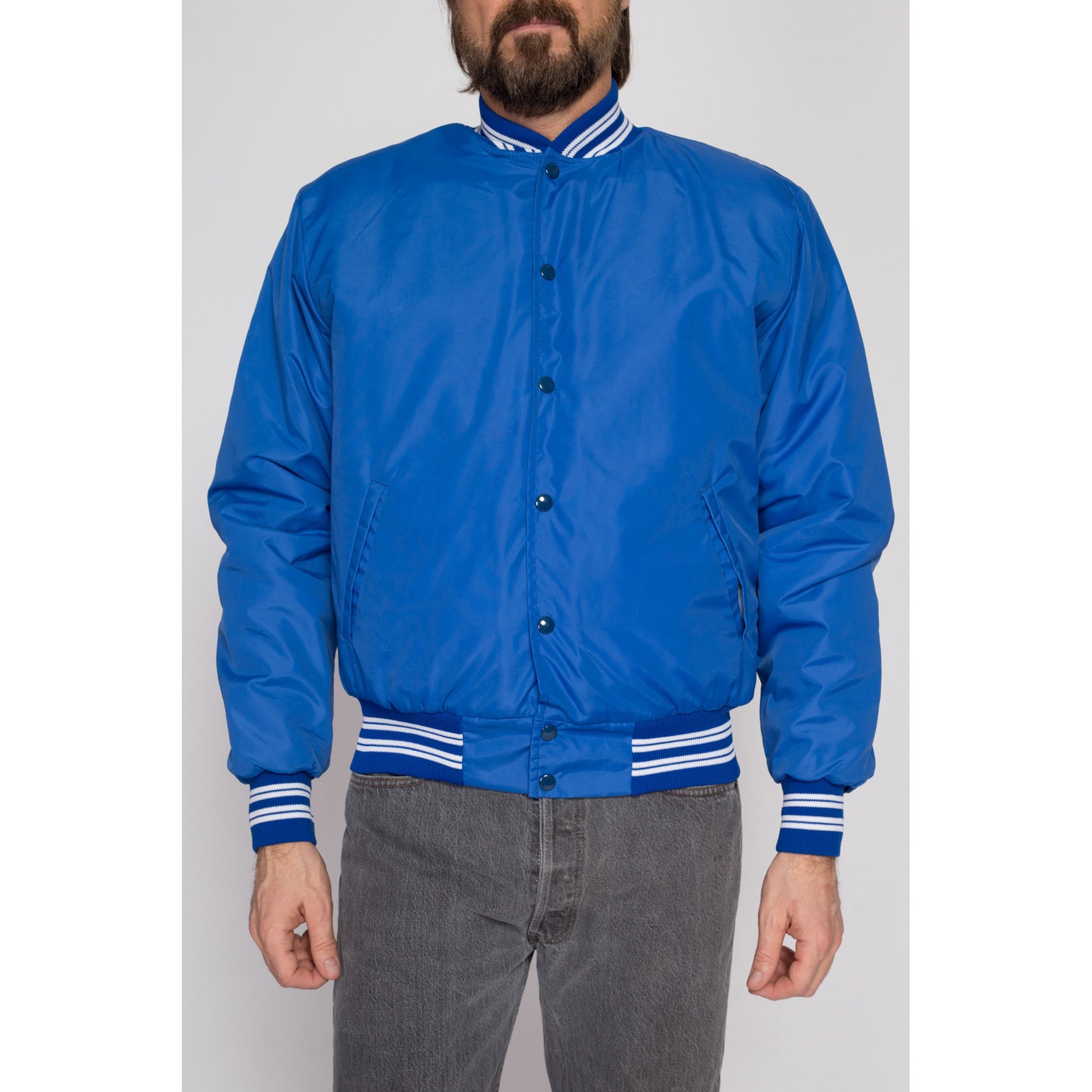 Medium 80s Blue Shearling Lined Varsity Jacket | Vintage Striped Snap Button Windbreaker Bomber
