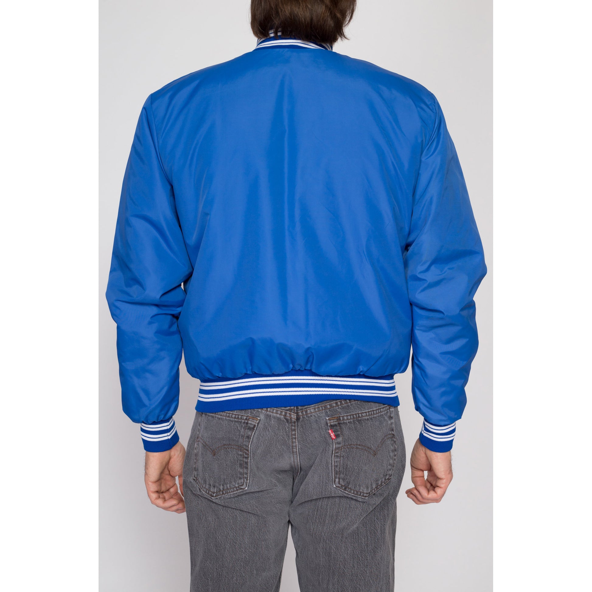 Medium 80s Blue Shearling Lined Varsity Jacket | Vintage Striped Snap Button Windbreaker Bomber
