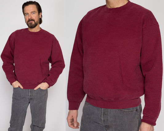 Large 90s Wine Red Crewneck Sweatshirt | Vintage Plain Cotton Blend Blank Pullover