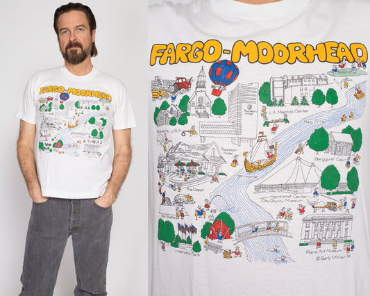 Medium 80s Barb McClain Fargo-Moorhead Map T Shirt | Vintage White Cartoon North Dakota Graphic Tee