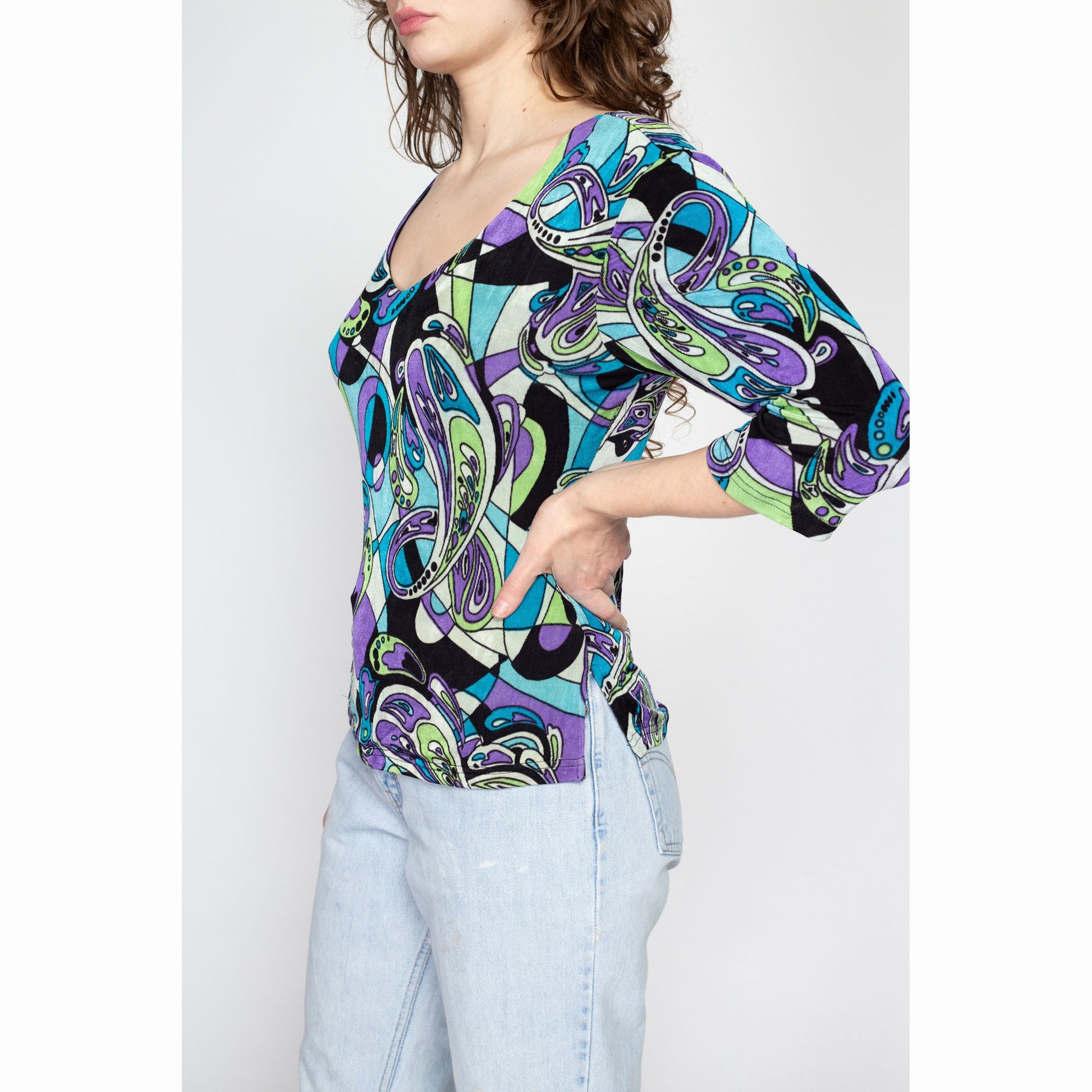 Large 90s Slinky Psychedelic Paisley Print Top | Vintage Black Purple Green Stretchy Abstract Shirt