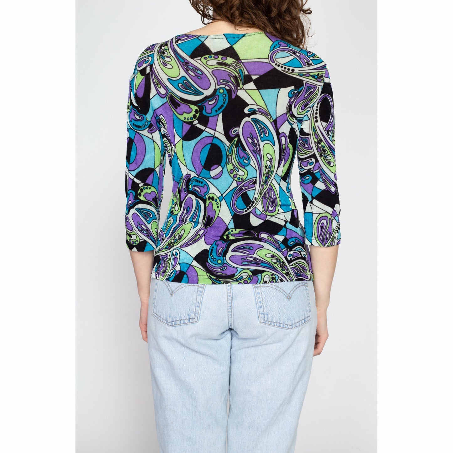 Large 90s Slinky Psychedelic Paisley Print Top | Vintage Black Purple Green Stretchy Abstract Shirt