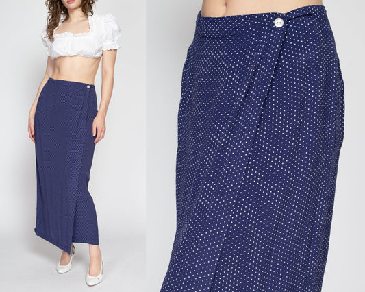 Medium 90s Gap Navy Blue Polka Dot Maxi Wrap Skirt 28.5" | Vintage Boho Grunge High Waisted Long Summer Skirt