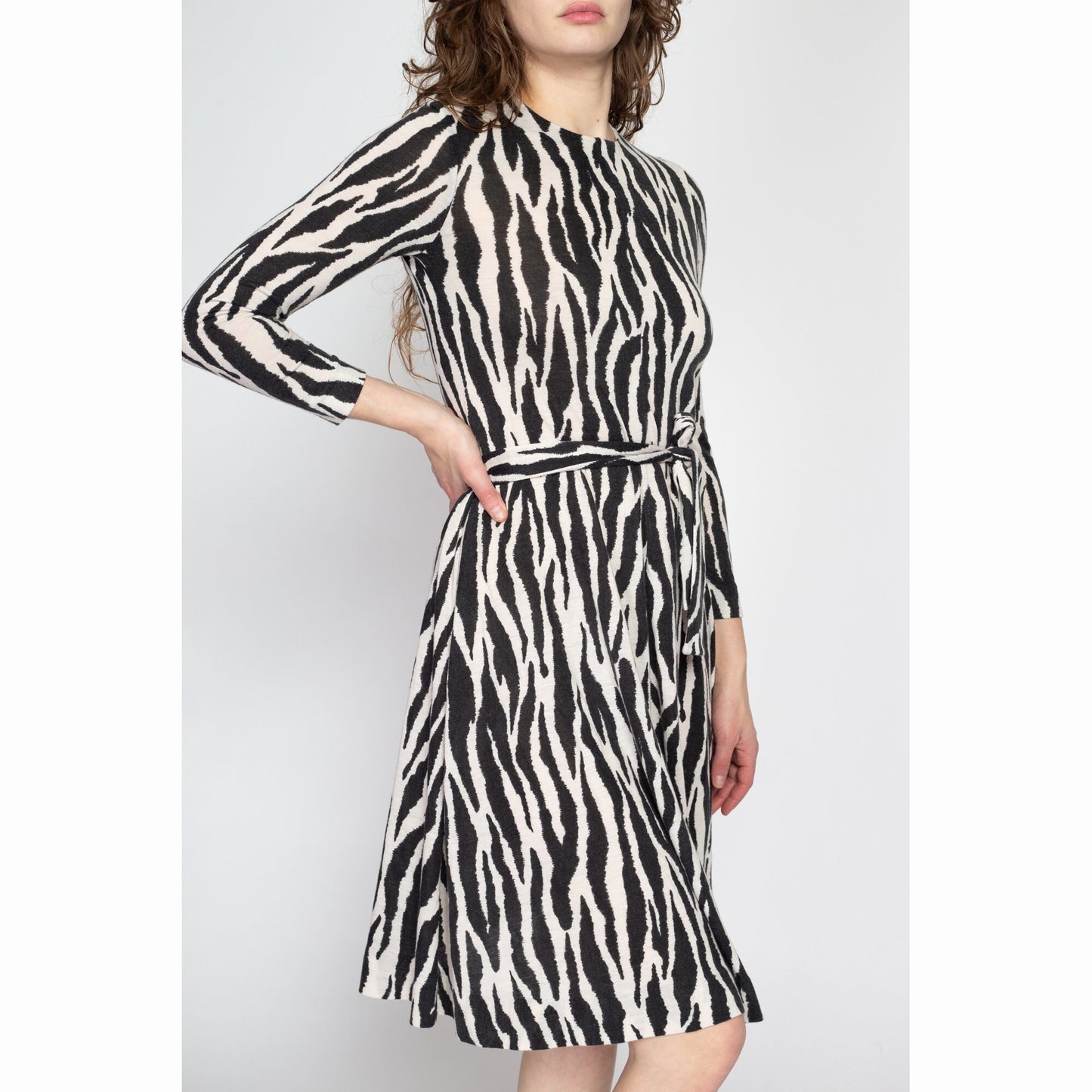 Small 80s Zebra Print Belted Dress | Vintage Black & White Animal Print Long Sleeve Mini Dress