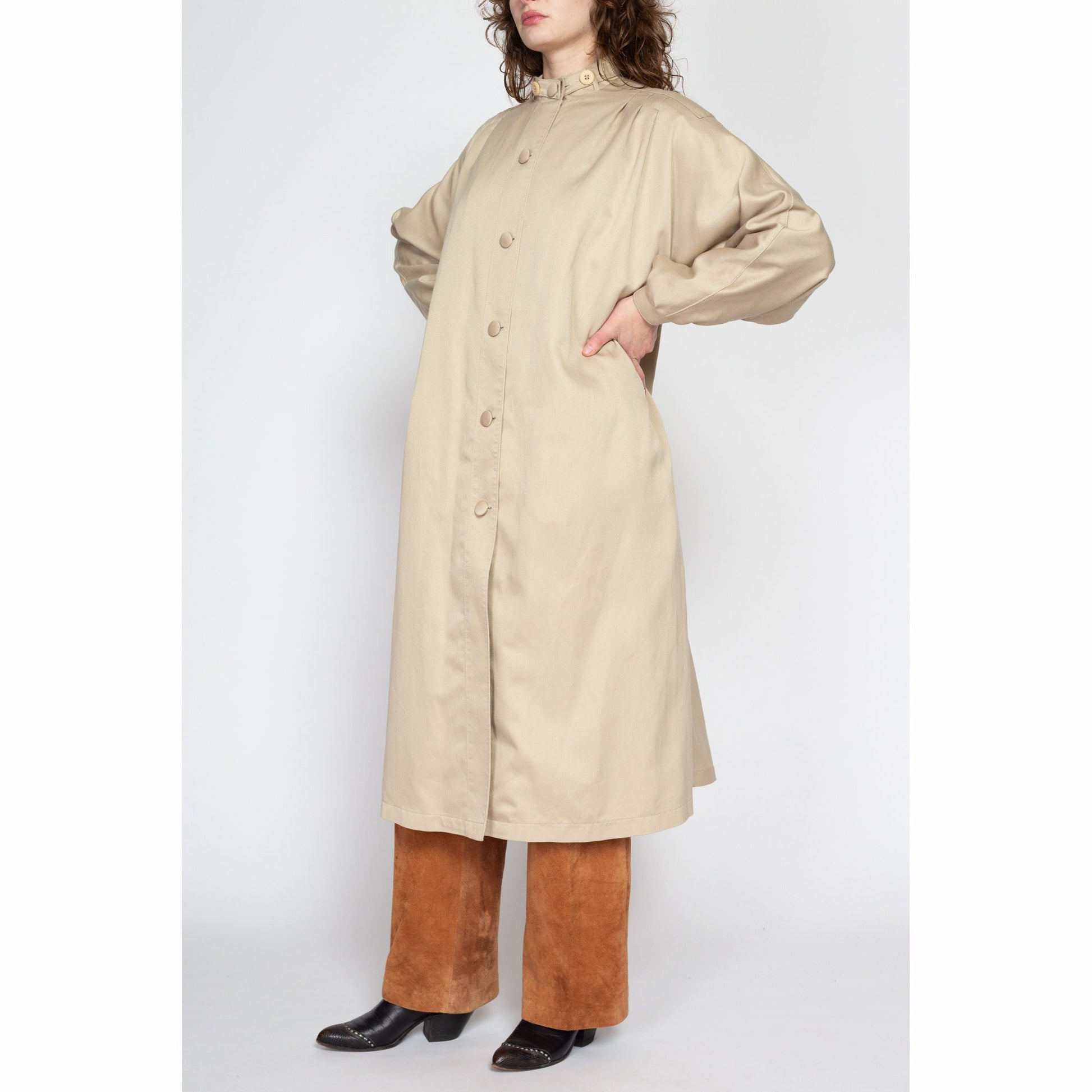 Large 80s Misty Harbor Khaki Tent Trench Coat | Vintage Minimalist Long Sleeve Button Up Midi Jacket