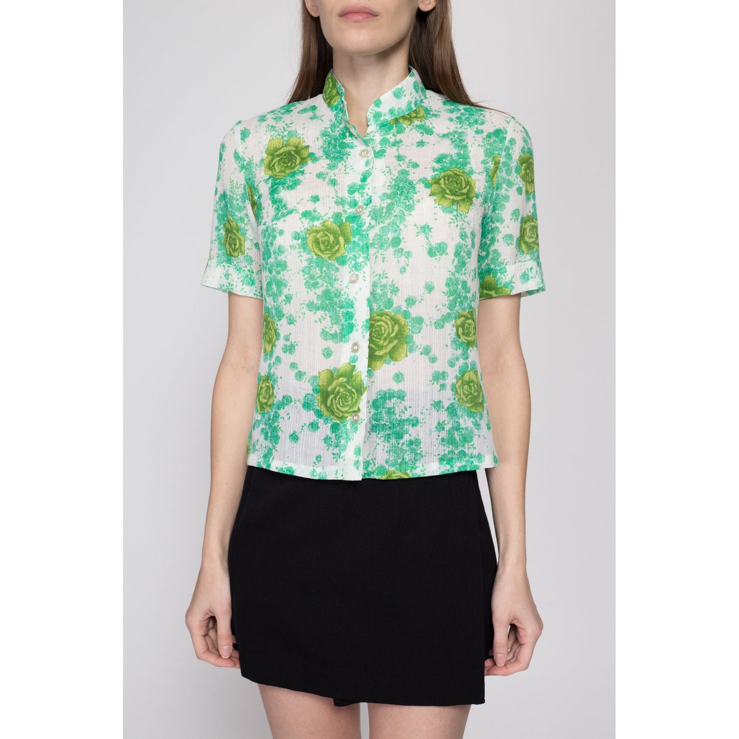 Small 70s Green Floral Button Up Nehru Collar Blouse | Boho Vintage Sheer Short Sleeve Collared Cropped Shirt