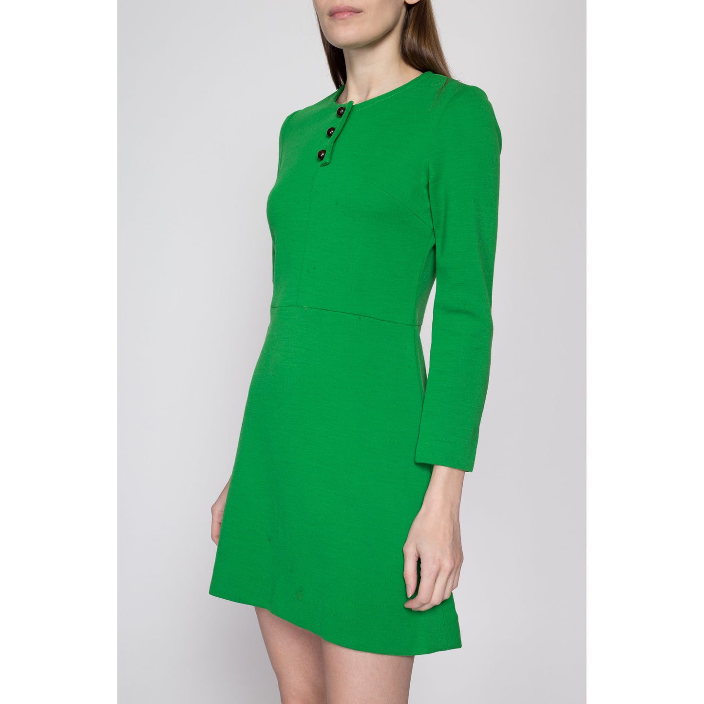 Small 60s Kelly Green Wool Mini Dress, As Is | Vintage Long Sleeve Retro A Line Dress