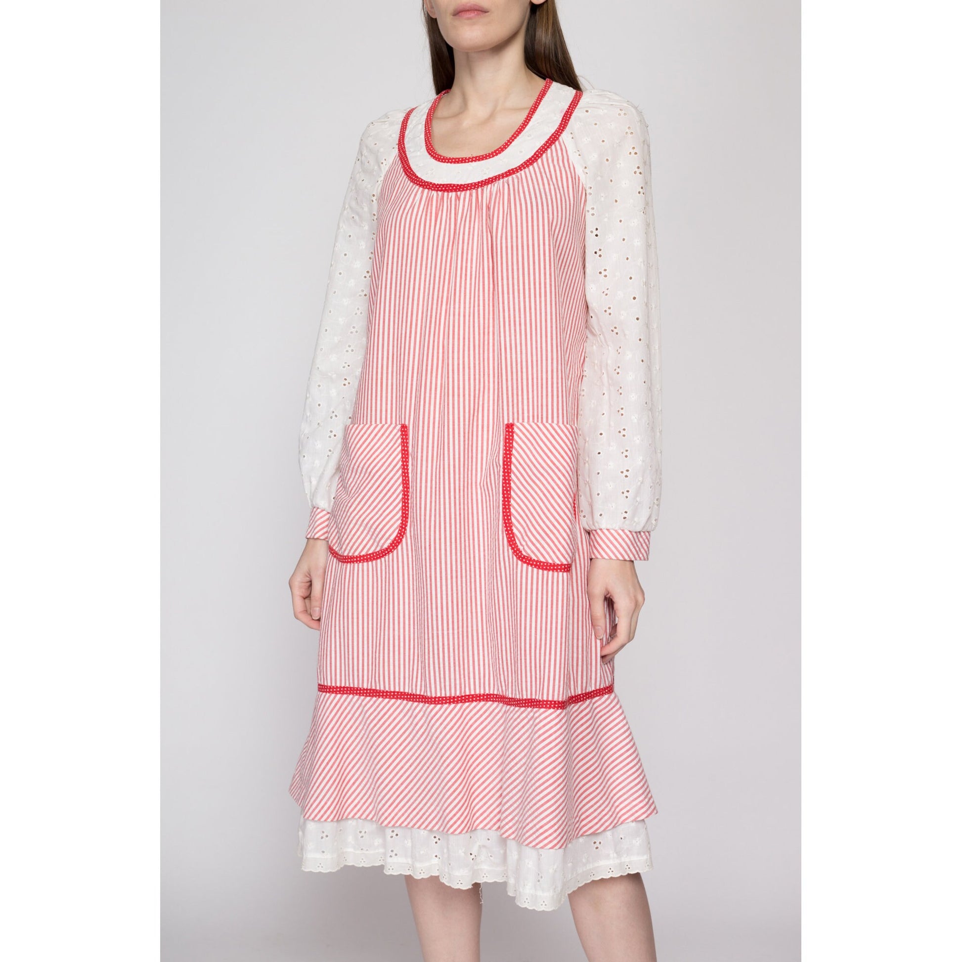 Sm-Med 70s Red & White Striped Peasant Dress | Vintage Jody T Eyelet Trim Long Sleeve Cottagecore Midi Dress