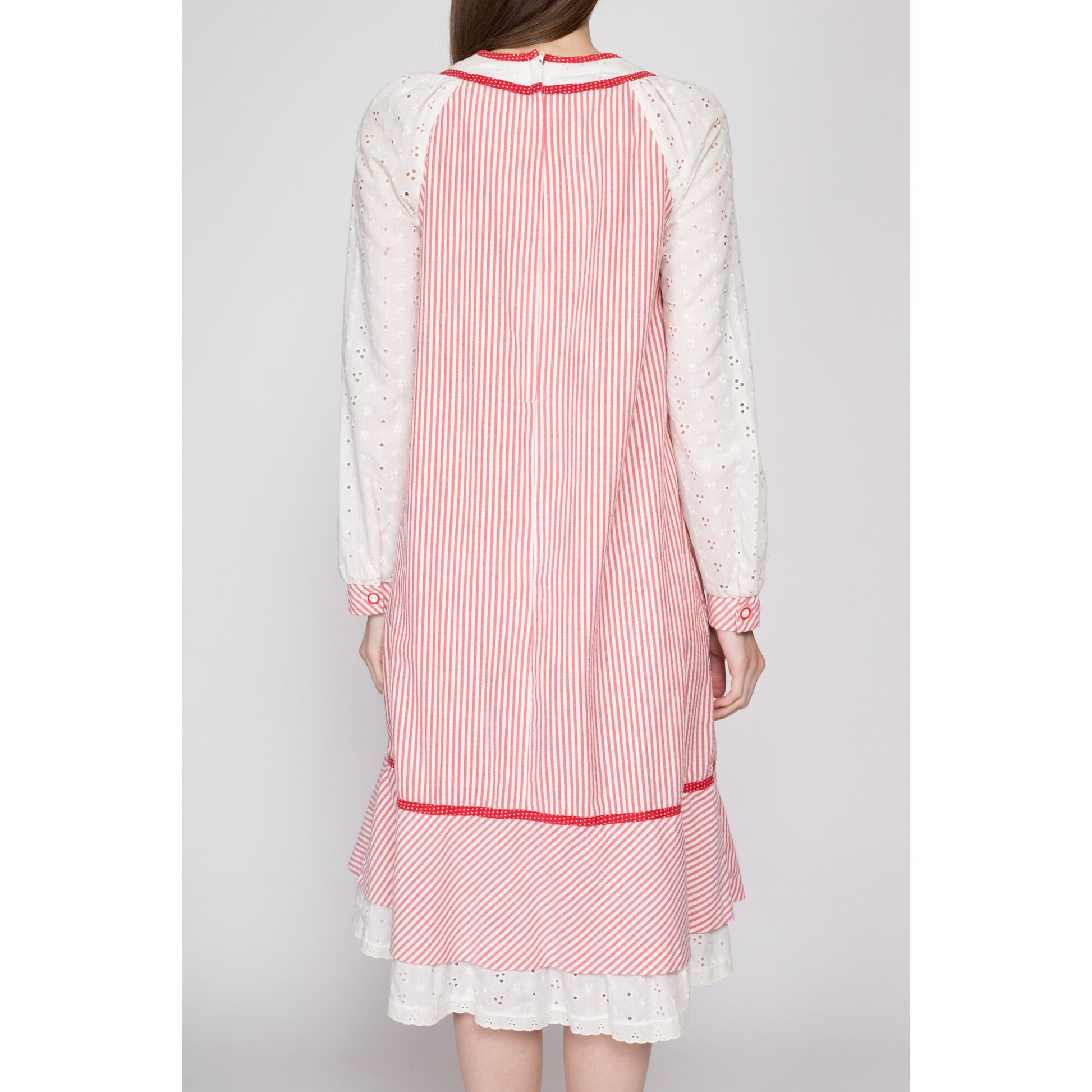 Sm-Med 70s Red & White Striped Peasant Dress | Vintage Jody T Eyelet Trim Long Sleeve Cottagecore Midi Dress