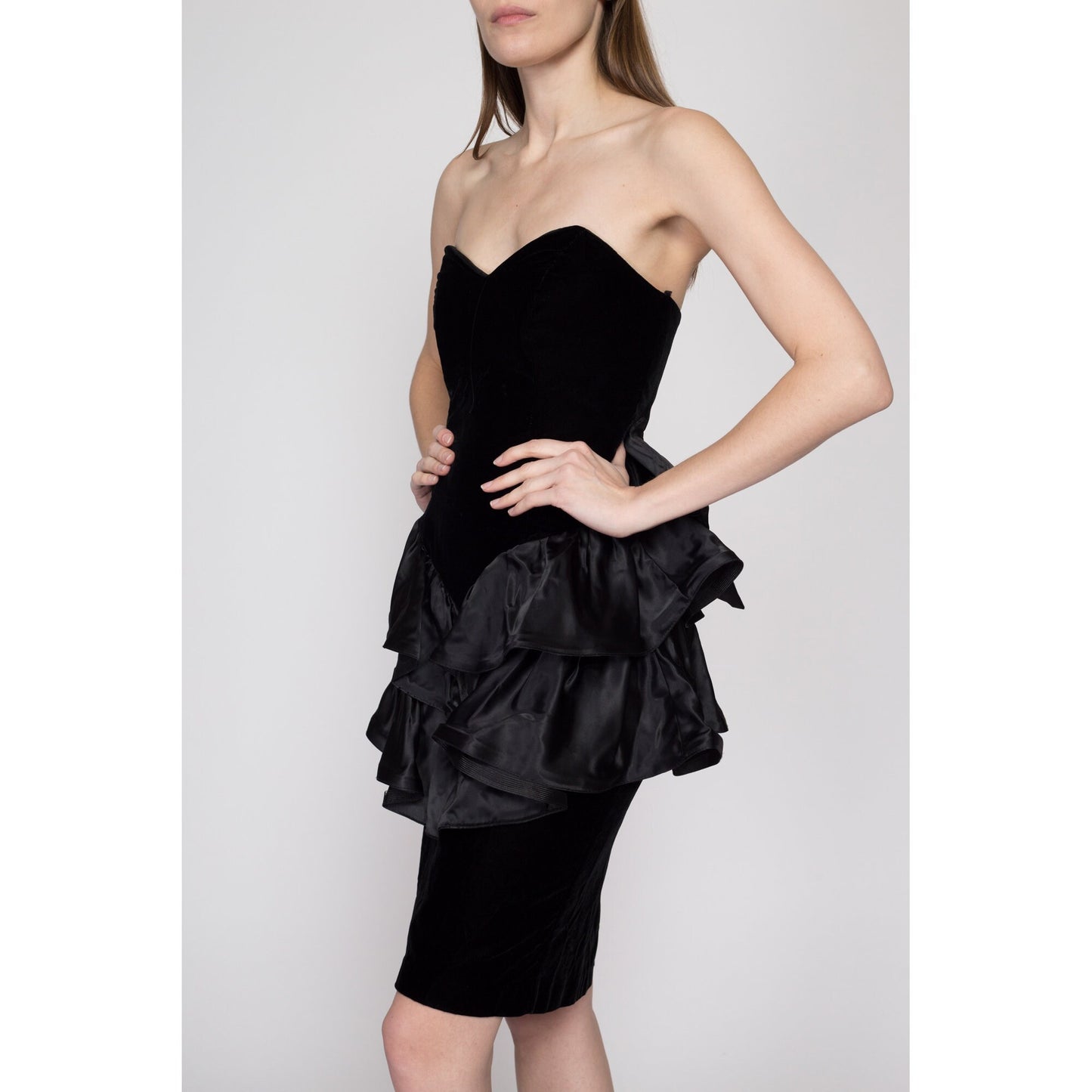 XS 80s Black Velvet & Satin Peplum Party Dress | Vintage Zum Zum Strapless Prom Gown Formal Mini Dress