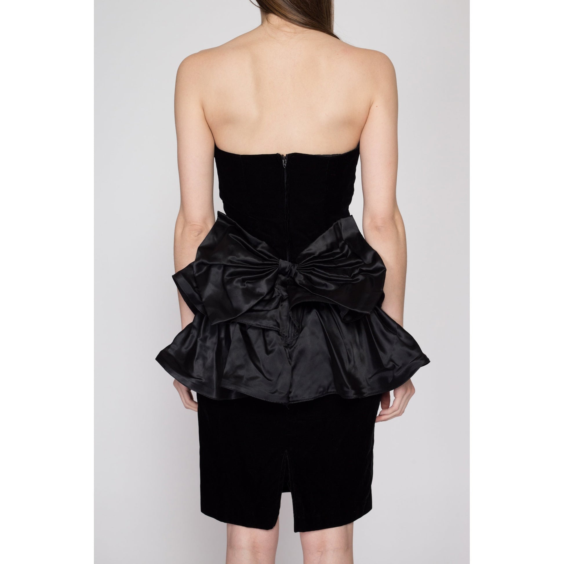 XS 80s Black Velvet & Satin Peplum Party Dress | Vintage Zum Zum Strapless Prom Gown Formal Mini Dress