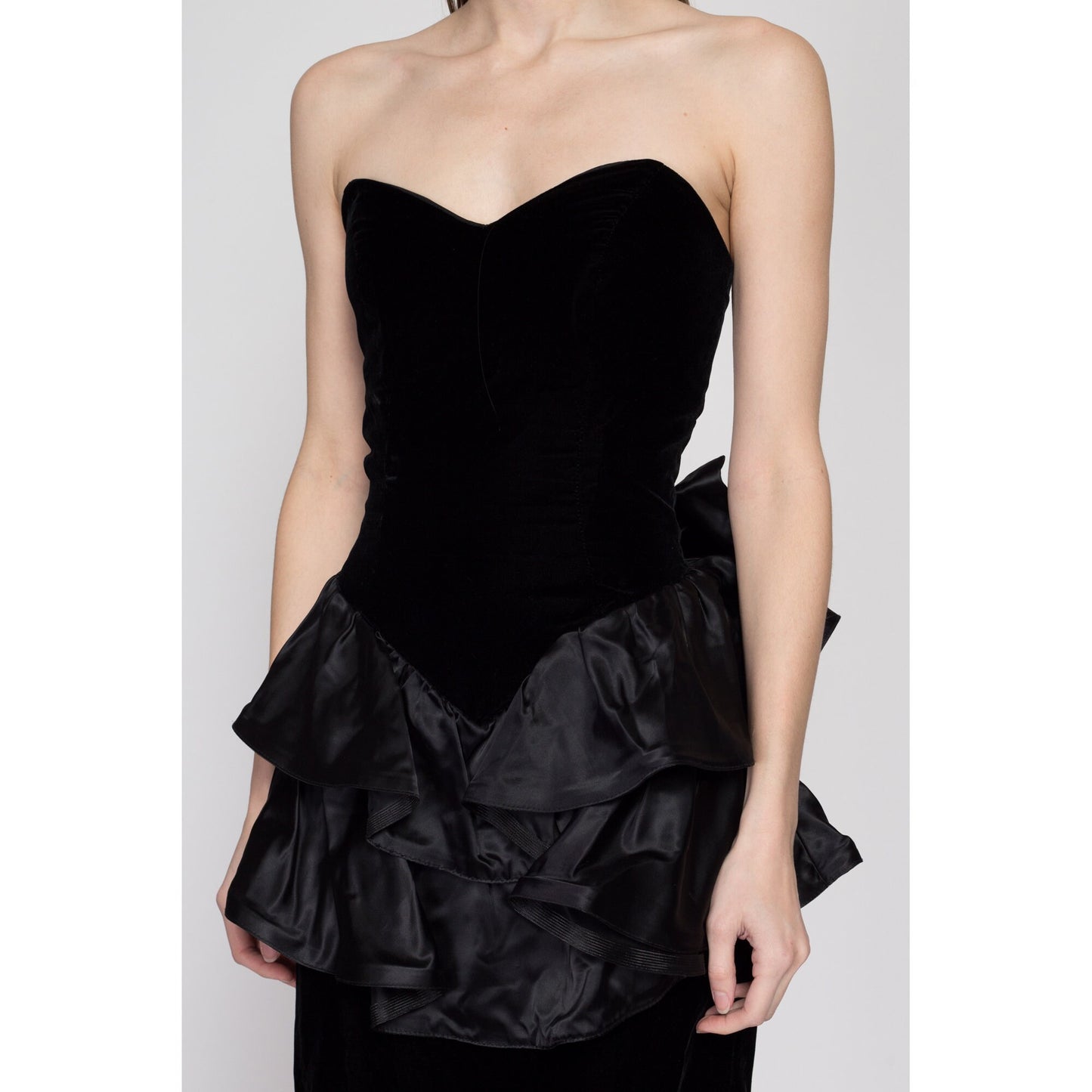 XS 80s Black Velvet & Satin Peplum Party Dress | Vintage Zum Zum Strapless Prom Gown Formal Mini Dress