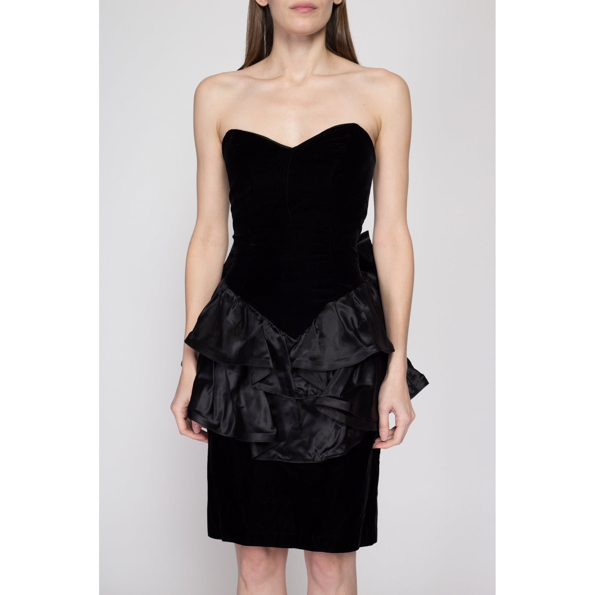 XS 80s Black Velvet & Satin Peplum Party Dress | Vintage Zum Zum Strapless Prom Gown Formal Mini Dress
