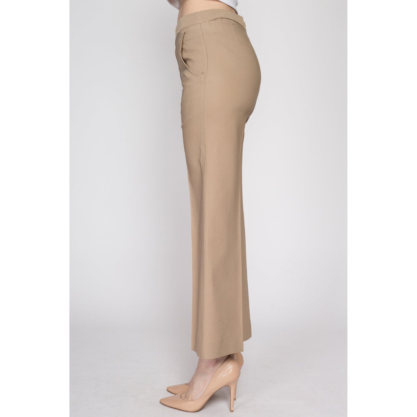 Small 70s Tan Mid Rise Flared Pants | Vintage Haggar Flares Retro Polyester Trousers