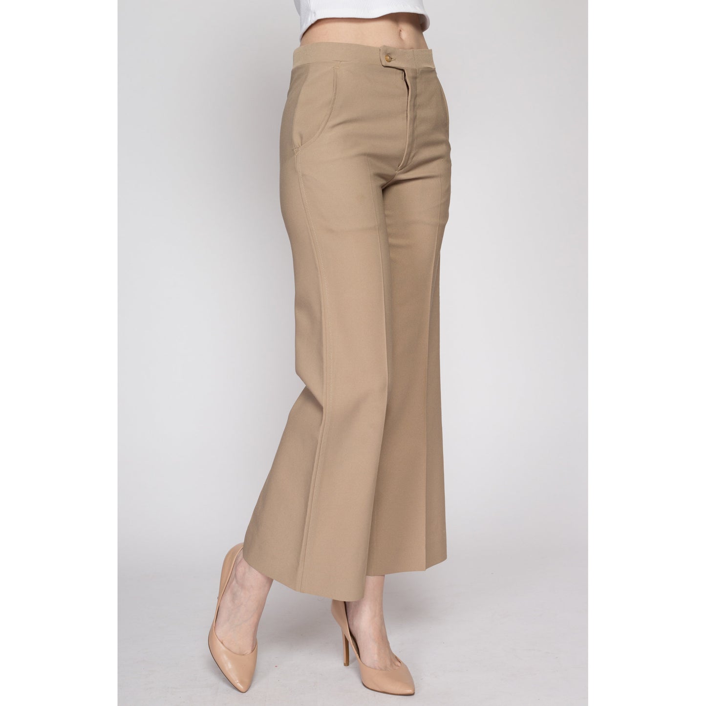 Small 70s Tan Mid Rise Flared Pants | Vintage Haggar Flares Retro Polyester Trousers