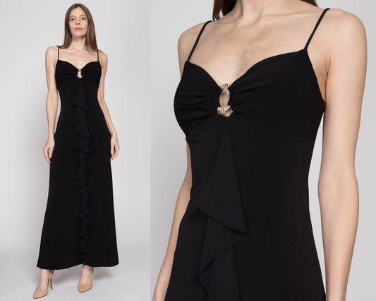 Small 90s Black Rhinestone Trim Ruffle Gown | Vintage Slinky Jeweled Spaghetti Strap Formal Party Maxi Dress