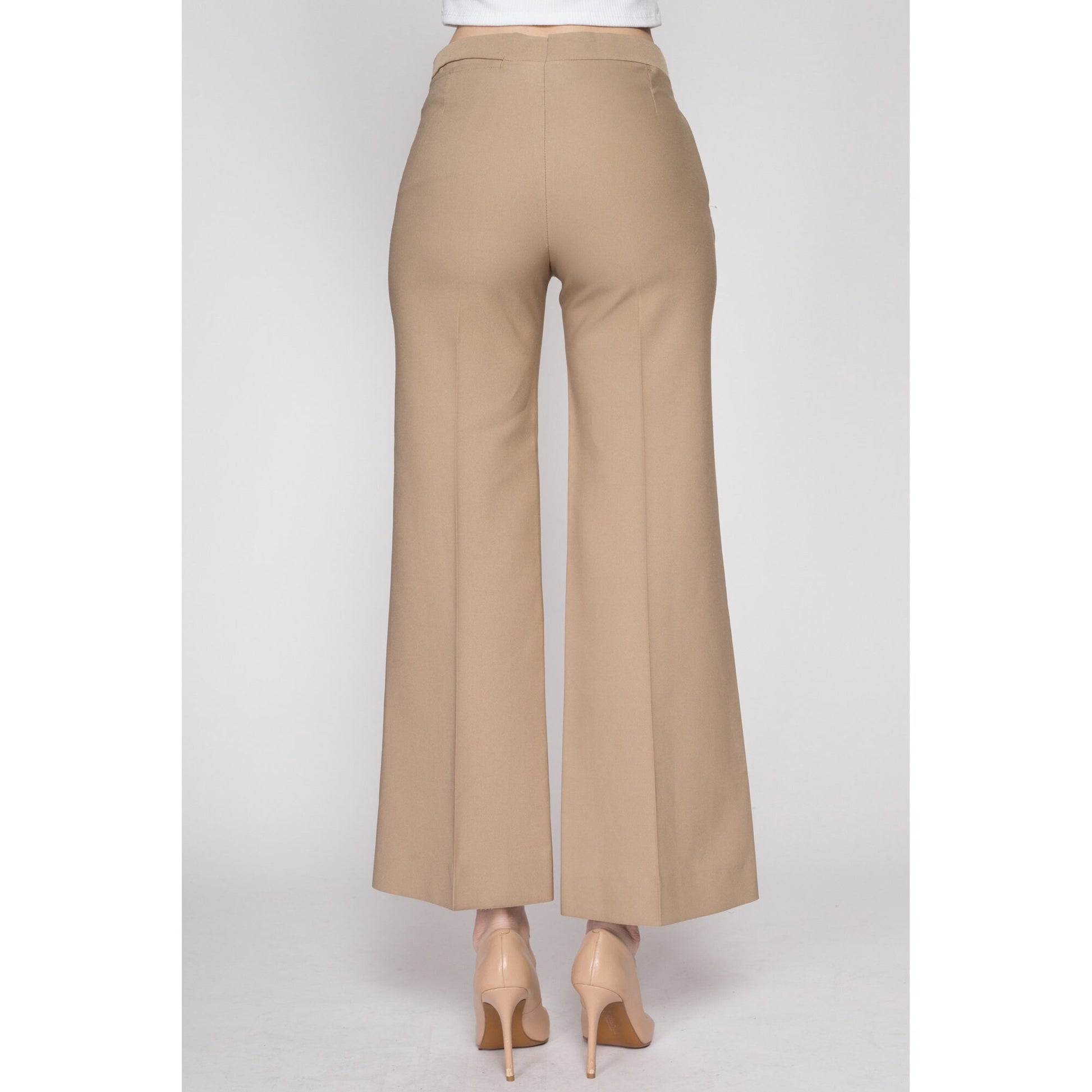 Small 70s Tan Mid Rise Flared Pants | Vintage Haggar Flares Retro Polyester Trousers