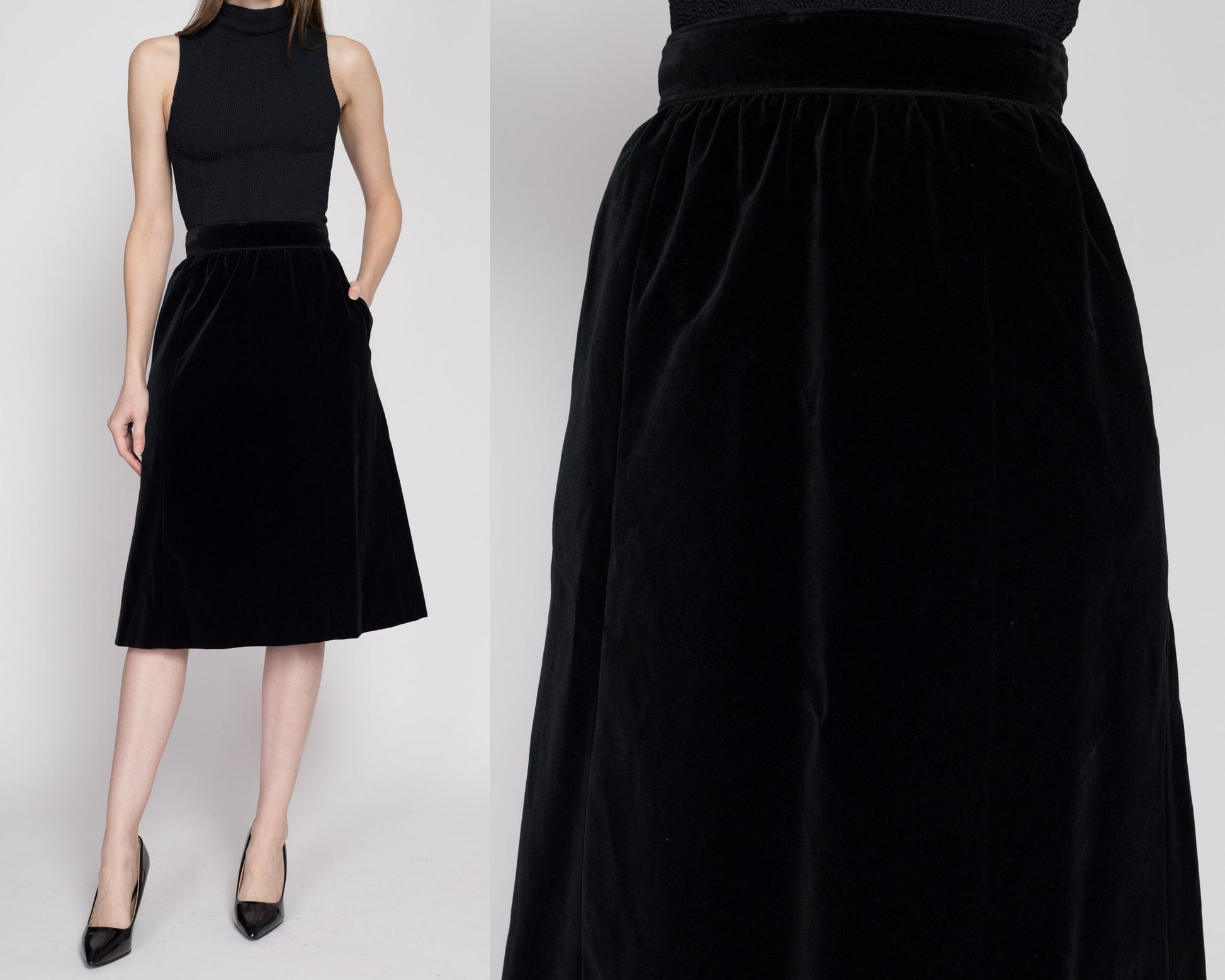 XS 70s Black Velvet Midi Skirt 24.5" | Vintage High Waisted A Line Pocket Skirt