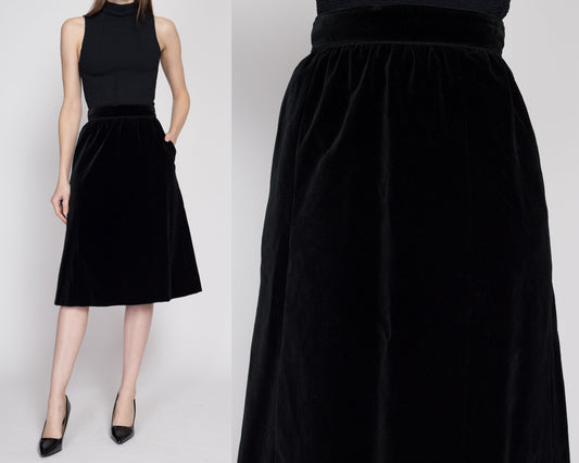 XS 70s Black Velvet Midi Skirt 24.5" | Vintage High Waisted A Line Pocket Skirt
