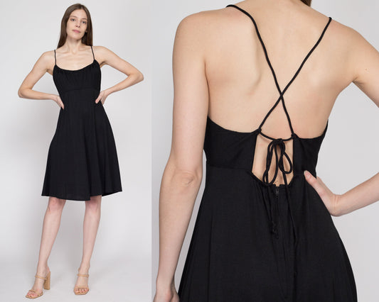 Medium 70s Black Cross Back Sundress | Vintage Criss Cross Strap Fit Flare Backless Mini Midi Dress