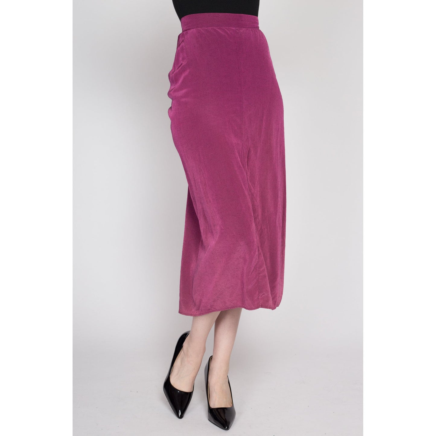 XS 80s Fuchsia Midi Bustle Skirt 24.5" | Vintage High Waisted Purple Fitted Ruched Wiggle Skirt