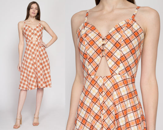 XS-Sm 60s 70s Orange Plaid Keyhole Sundress | Boho Vintage A Line Retro Cut Out Cotton Summer Midi Dress