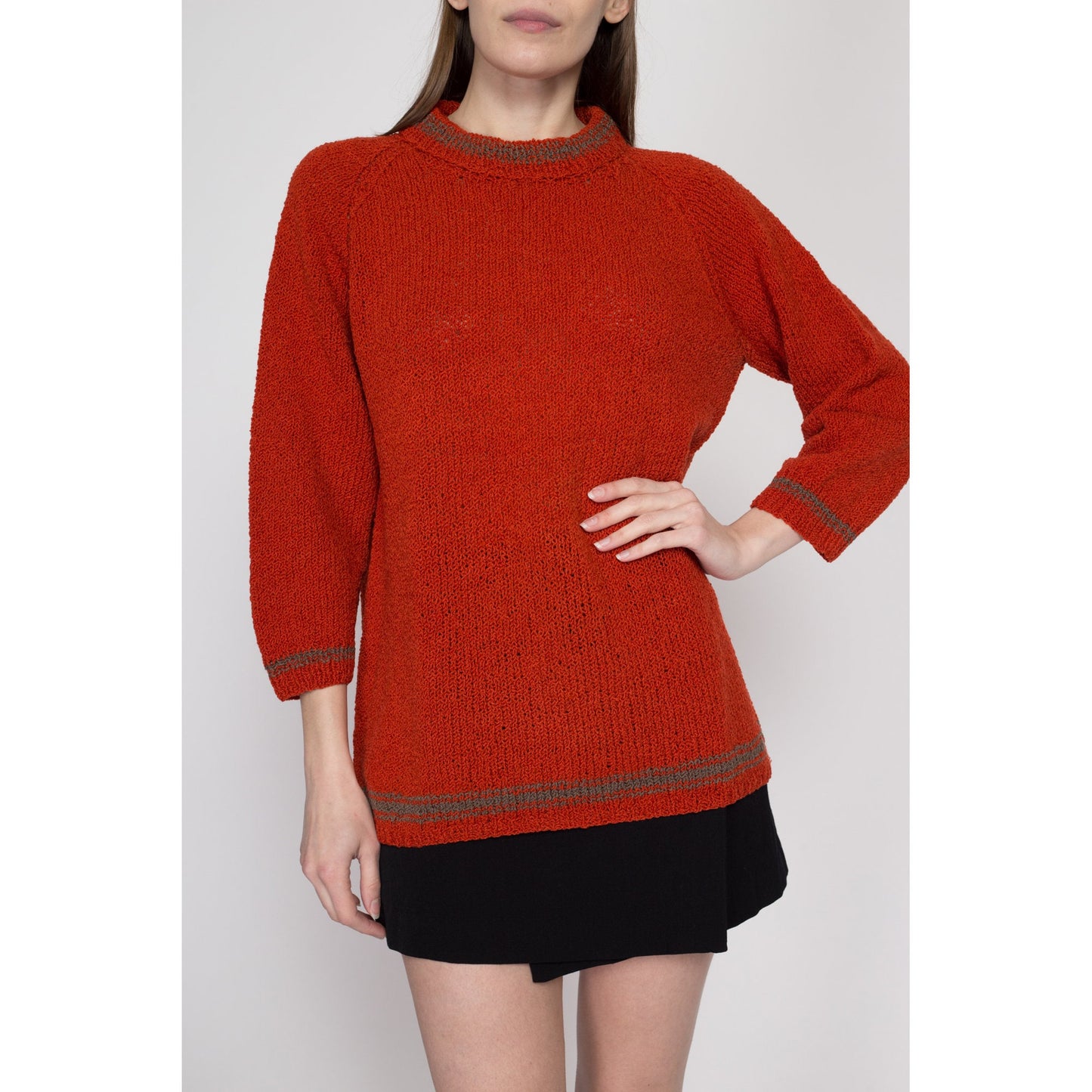 Large 70s Rust Red Funnel Neck Sweater | Vintage Knit Striped Trim Long Pullover Jumper