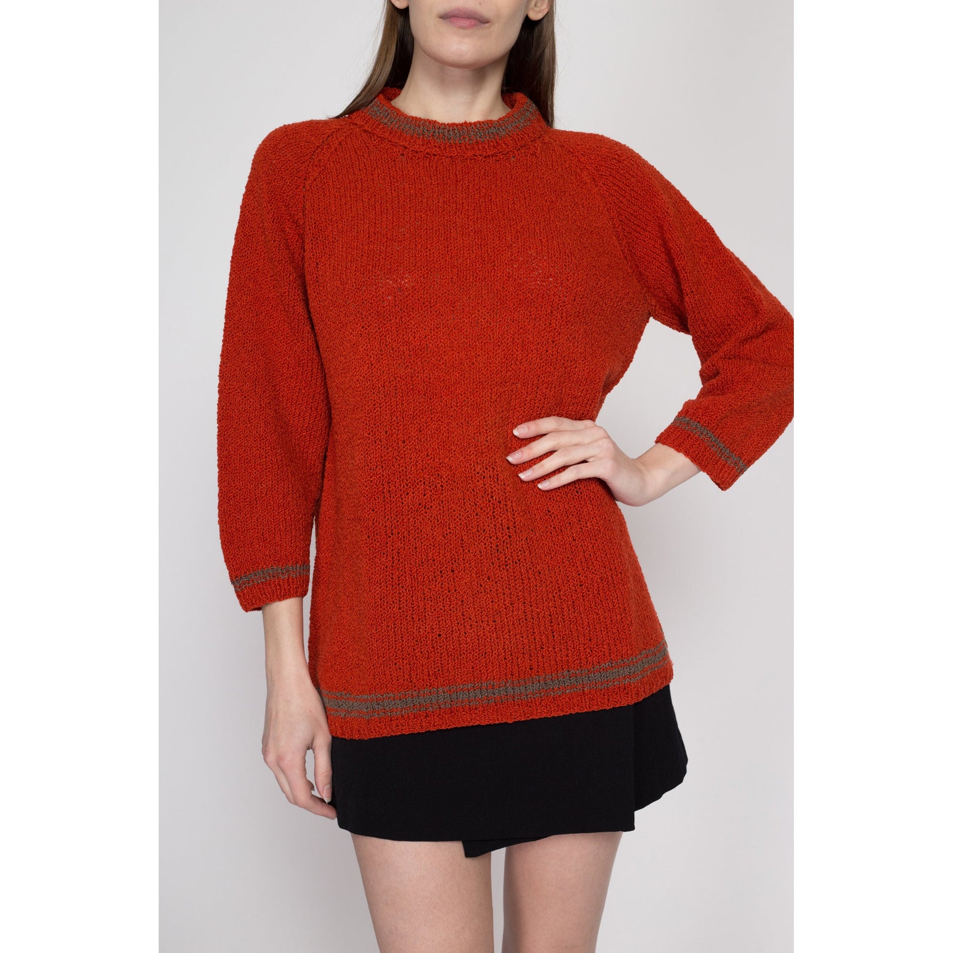 Large 70s Rust Red Funnel Neck Sweater | Vintage Knit Striped Trim Long Pullover Jumper