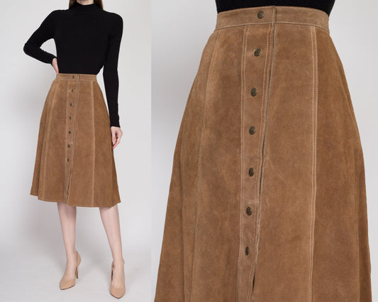 Small 70s Boho Brown Suede Leather Midi Skirt 26" | Vintage Roger Kuper Western High Waisted Hippie Skirt