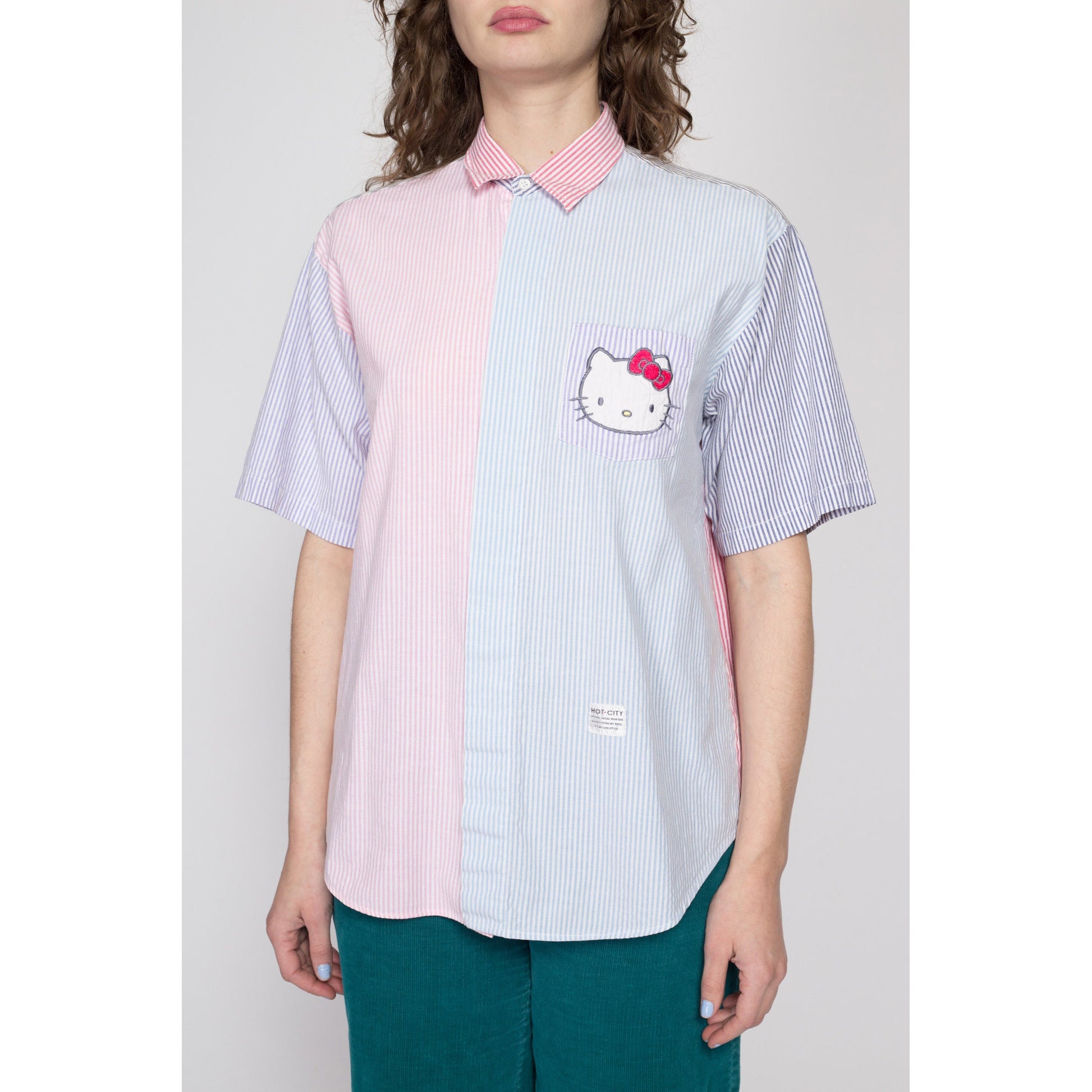 Large 80s 90s Hello Kitty Pastel Striped Button Up Top | Vintage Short Sleeve Collared Color Block Shirt