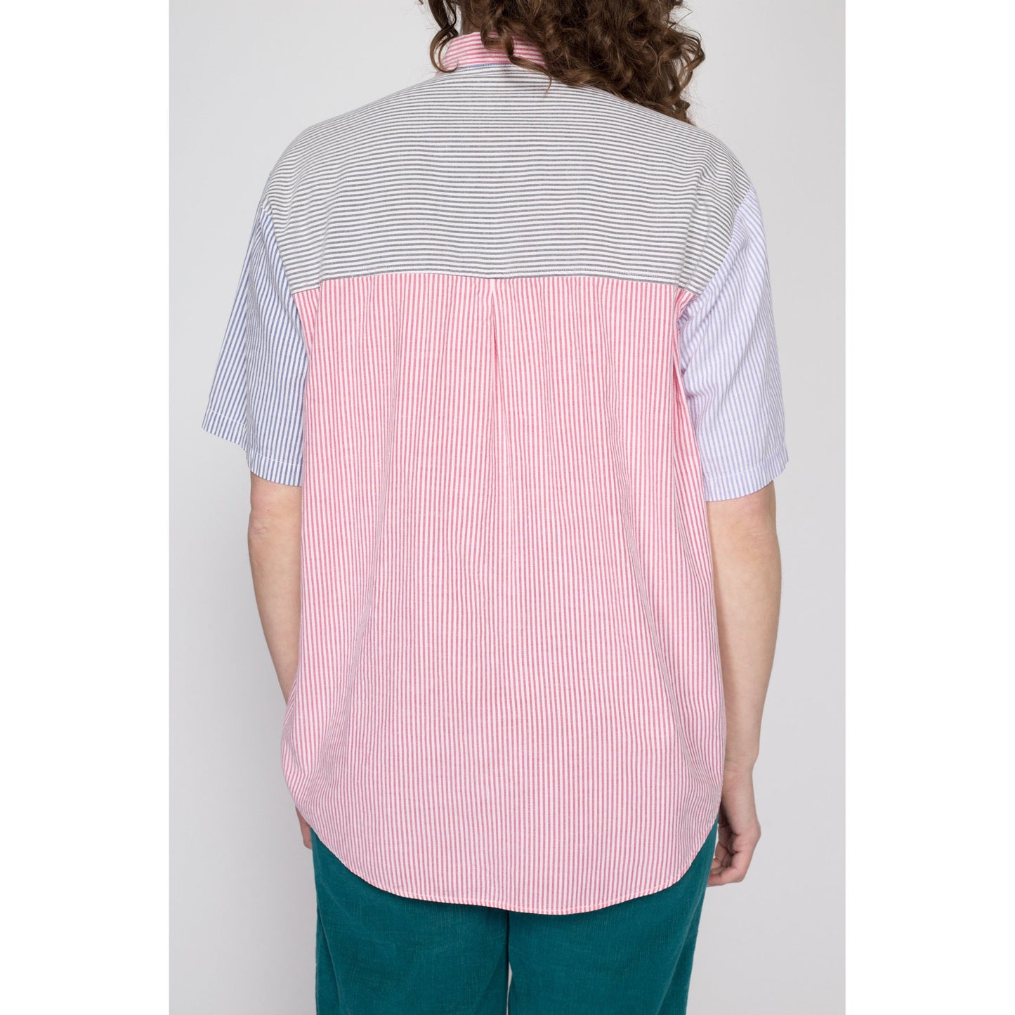 Large 80s 90s Hello Kitty Pastel Striped Button Up Top | Vintage Short Sleeve Collared Color Block Shirt